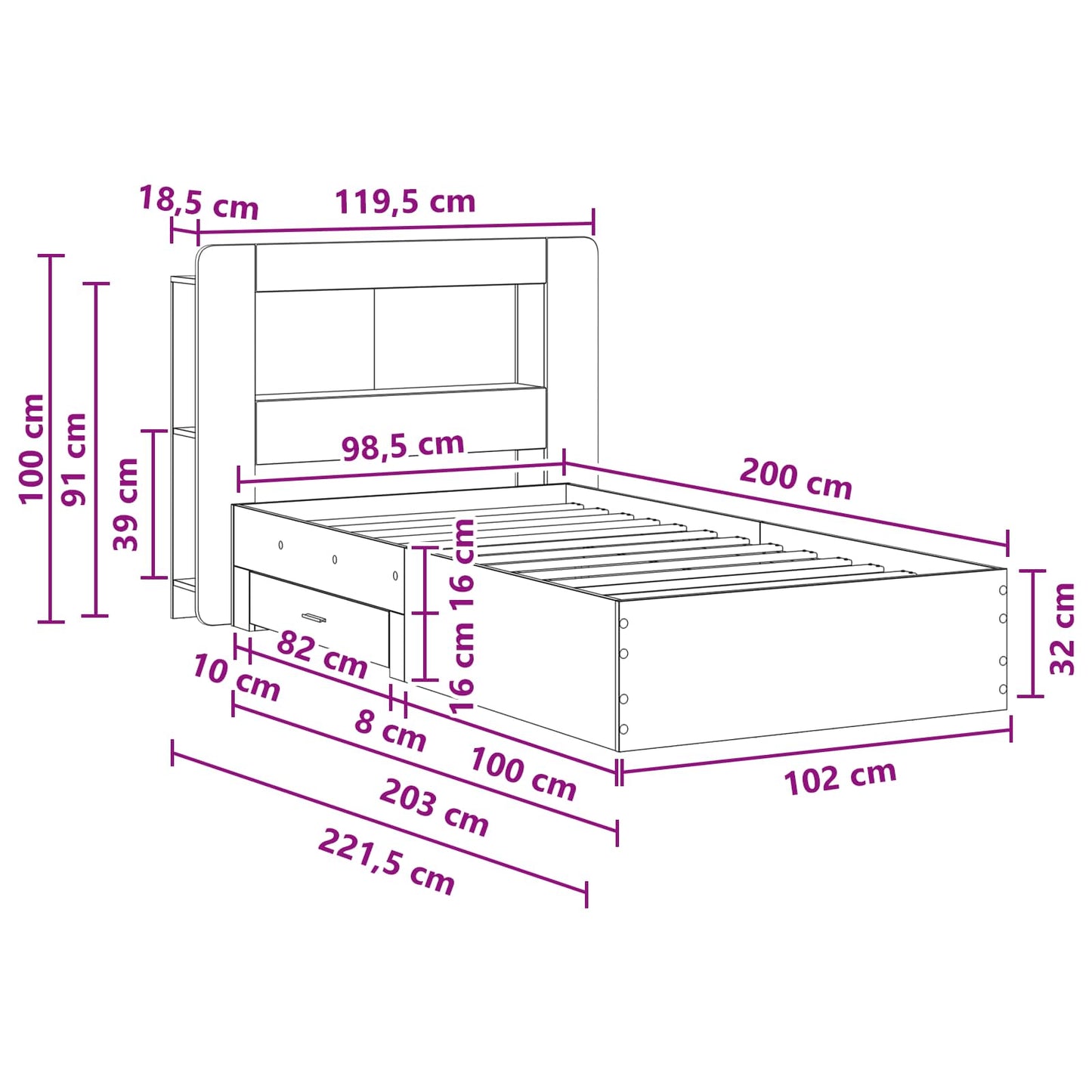 Bed Frame with Storage Smoked Oak 100 x 200 cm Engineered Wood