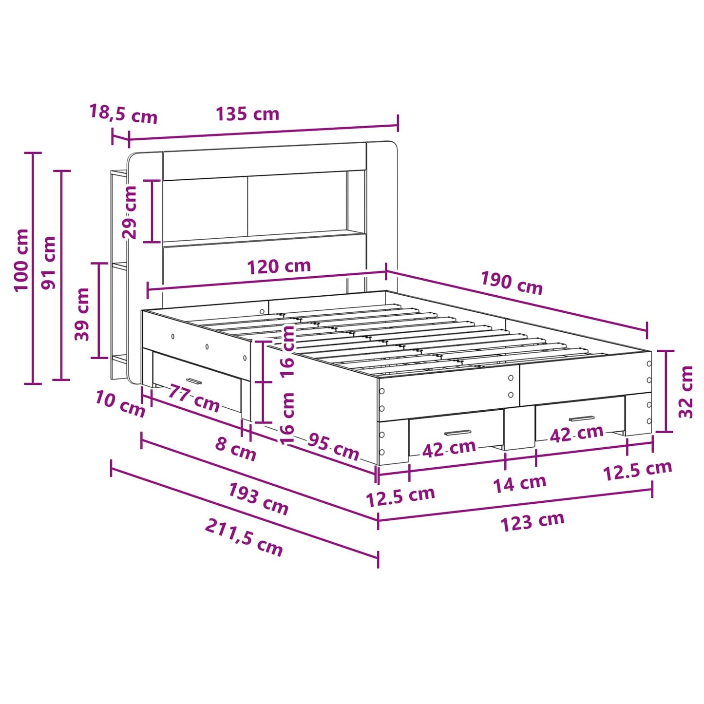 Bed Frame with Storage Grey Sonoma 120 x 190 cm Engineered Wood