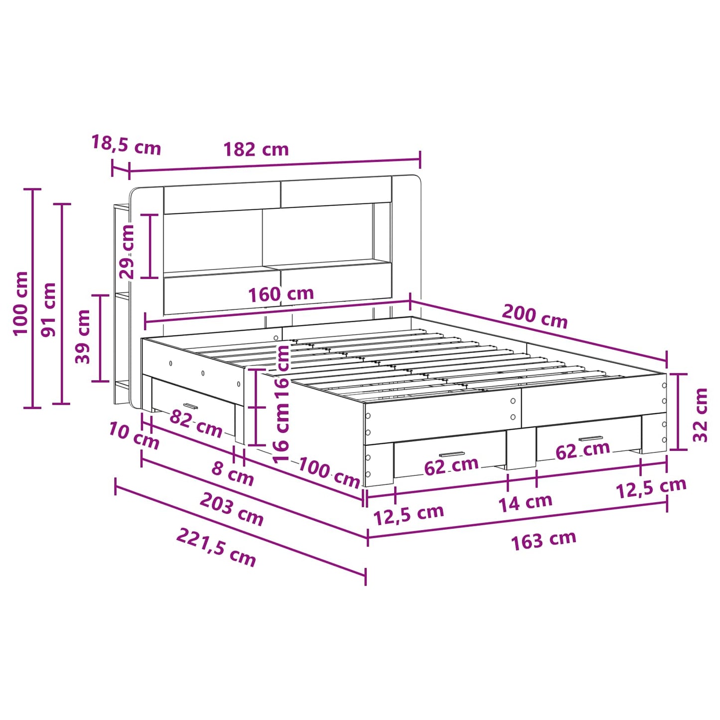 Bed Frame with Storage Grey Sonoma 160 x 200 cm Engineered Wood
