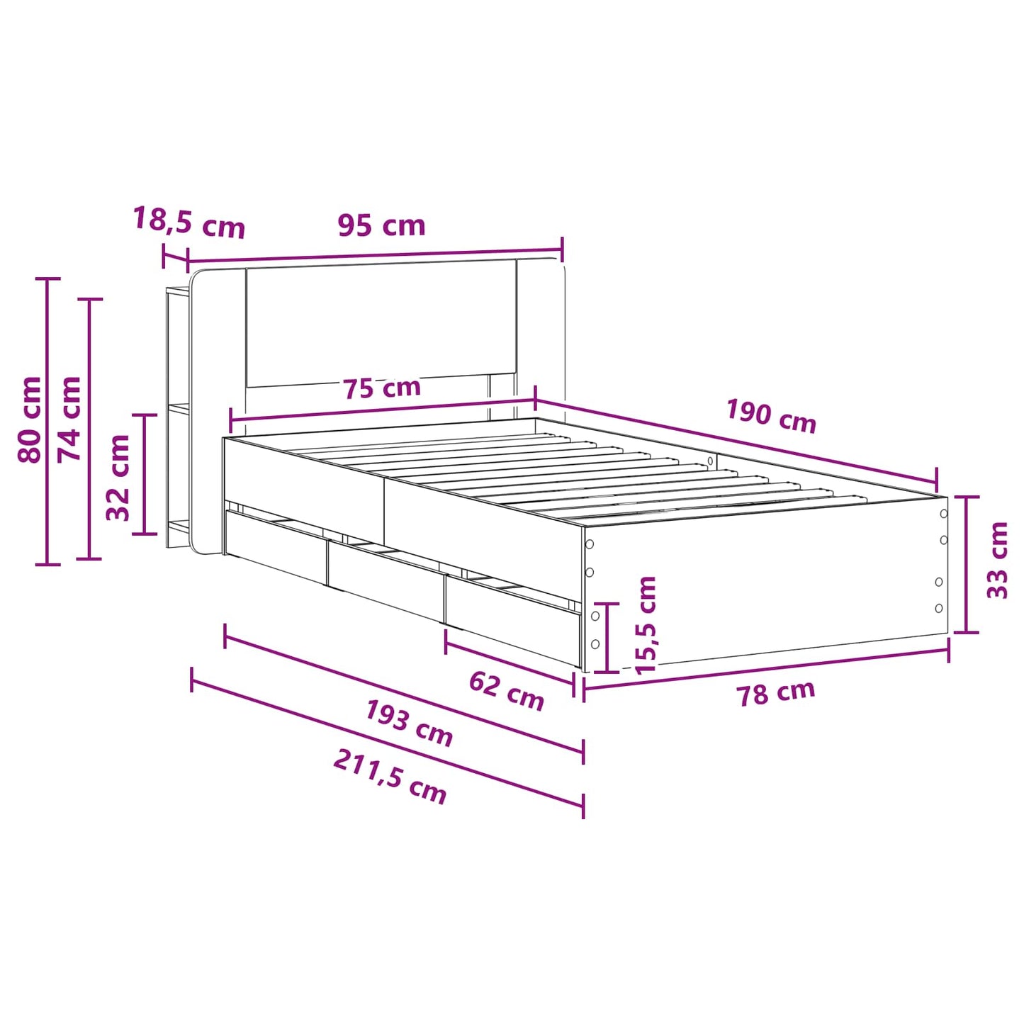 Bed Frame with Storage and Headboard Smoked Oak 75 x 190 cm