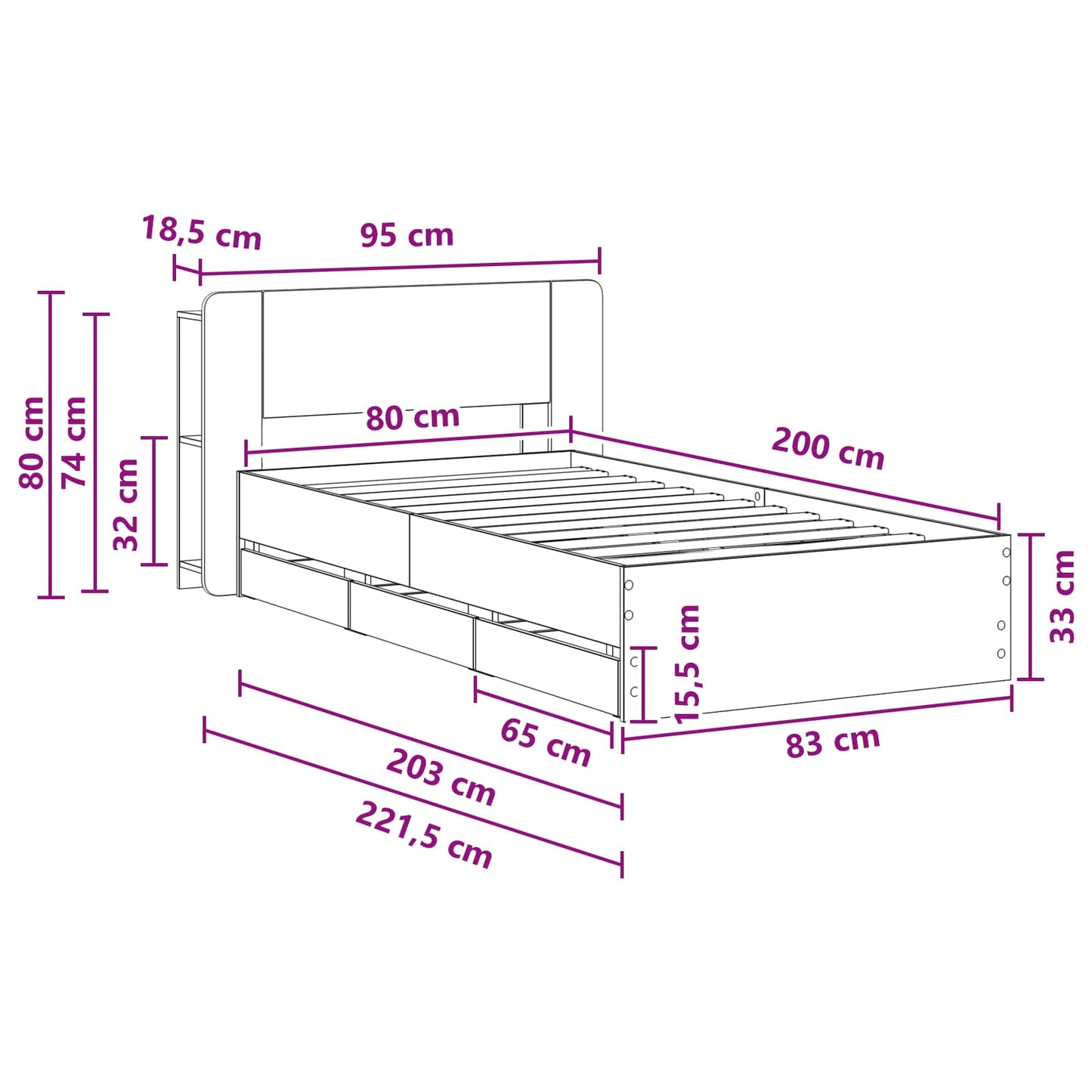 Bed Frame with Storage and Headboard Grey Sonoma 80 x 200 cm