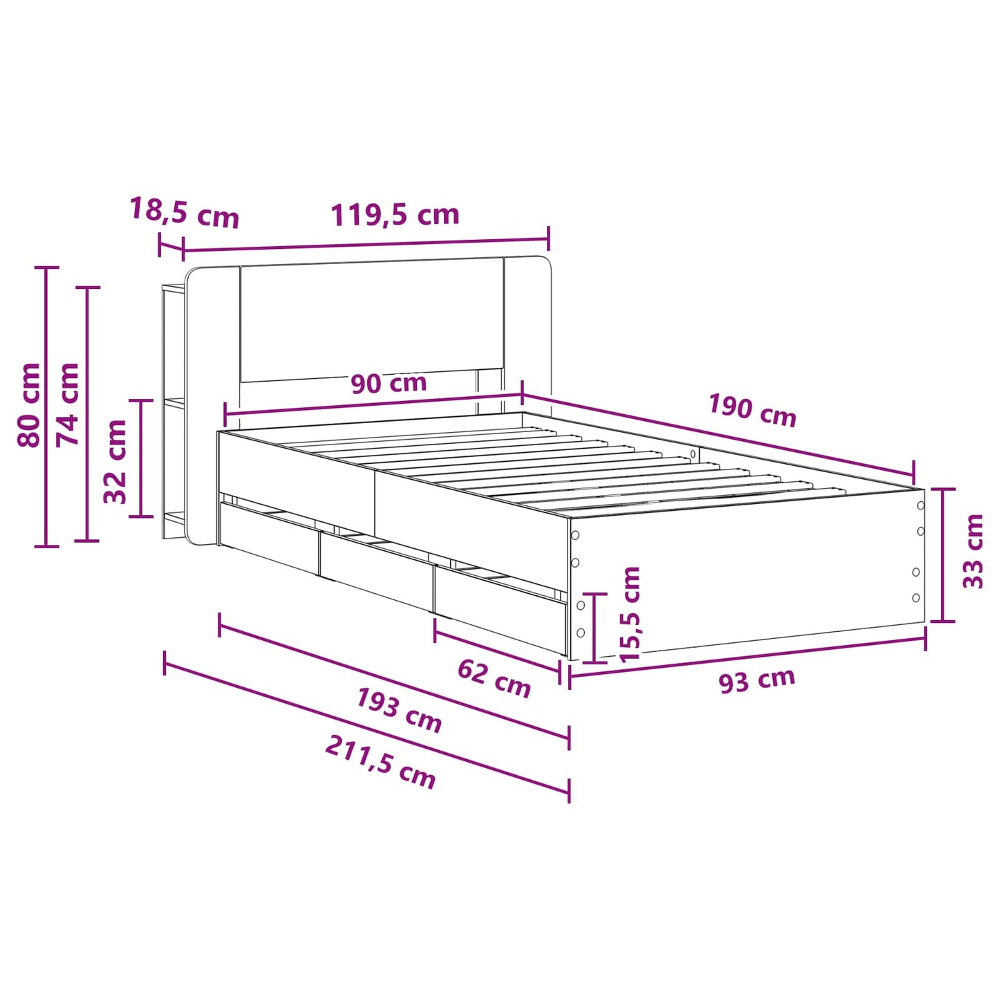 Bed Frame with Storage and Headboard Concrete Grey 90 x 190 cm