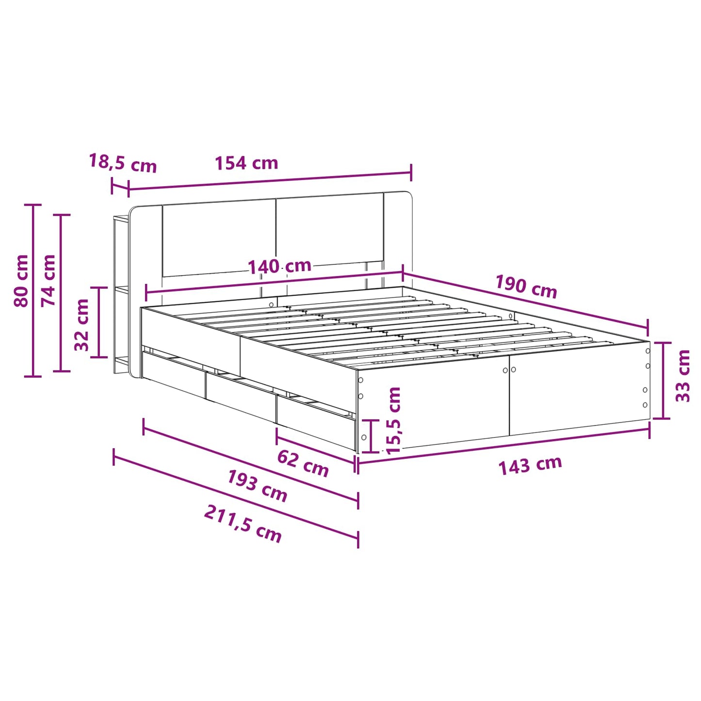 Bed Frame with Storage and Headboard Smoked Oak 135 x 190 cm