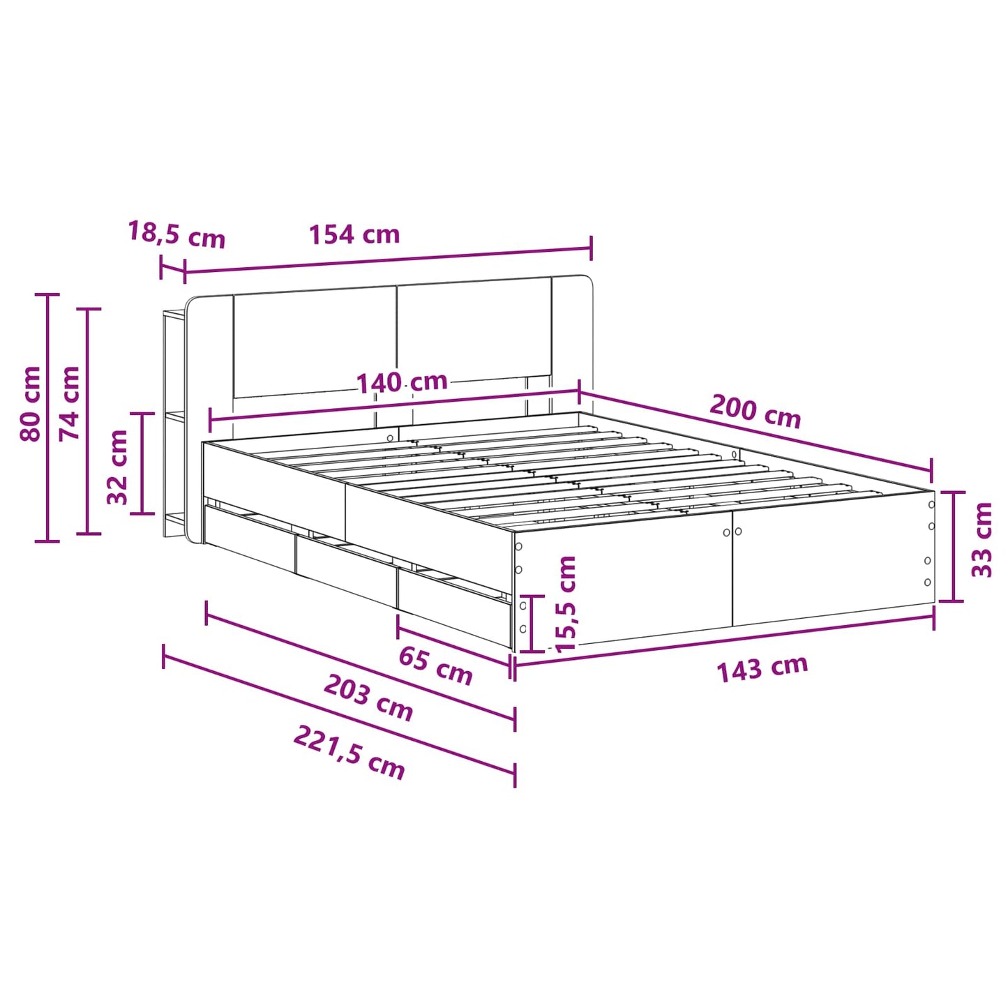 Bed Frame with Storage and Headboard Grey Sonoma 140 x 200 cm