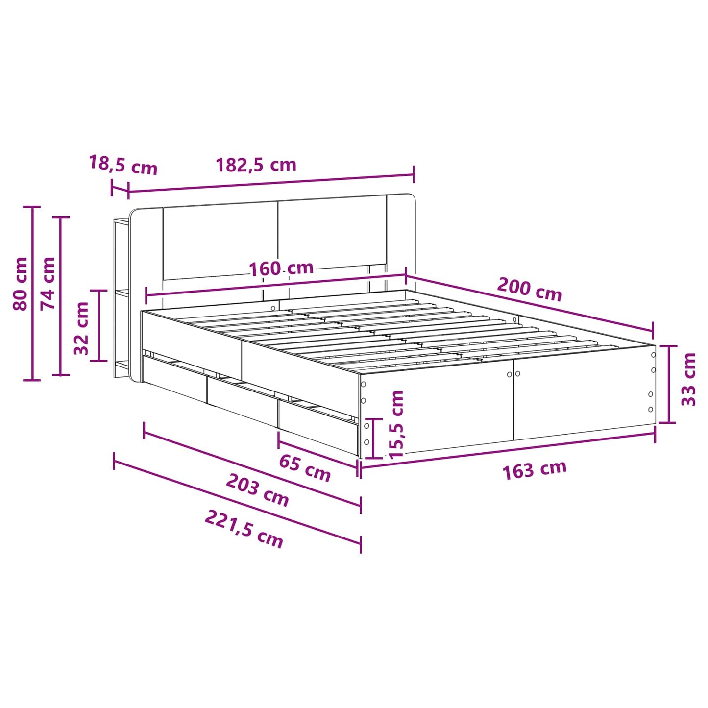 Bed Frame with Storage and Headboard Grey Sonoma 160 x 200 cm
