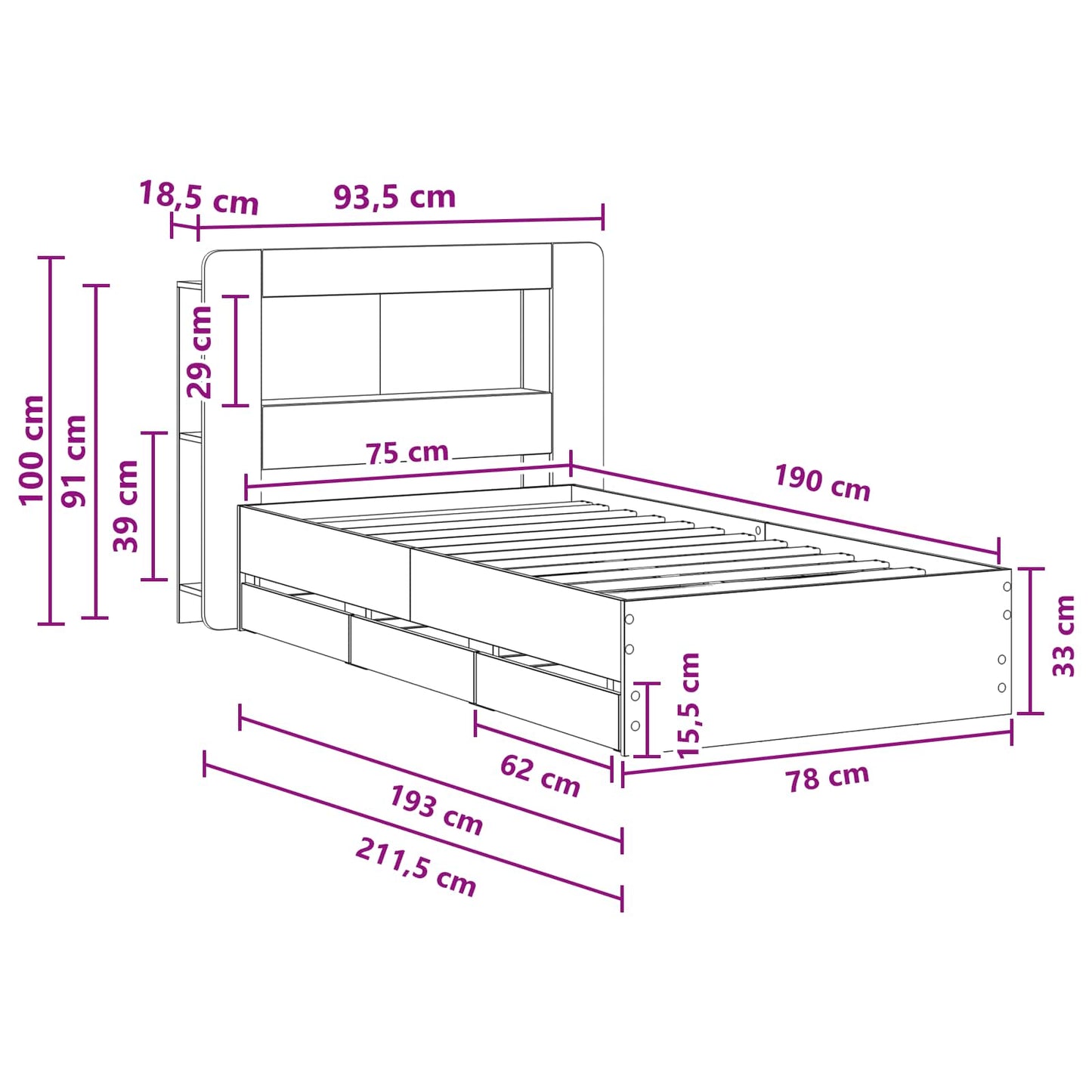 Bed Frame with Storage and Headboard Sonoma Oak 75 x 190 cm