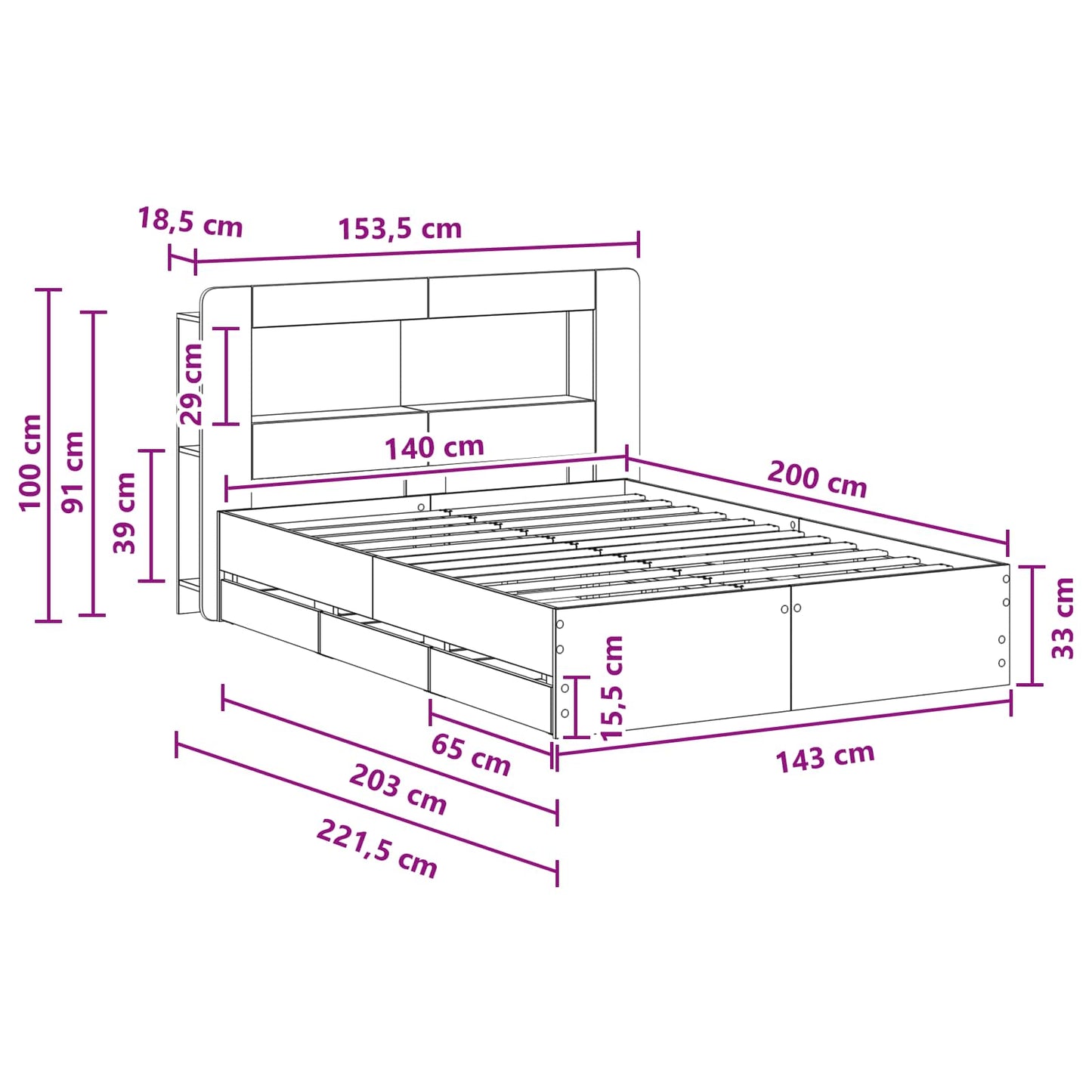 Bed Frame with Storage and Headboard Grey Sonoma 140 x 200 cm