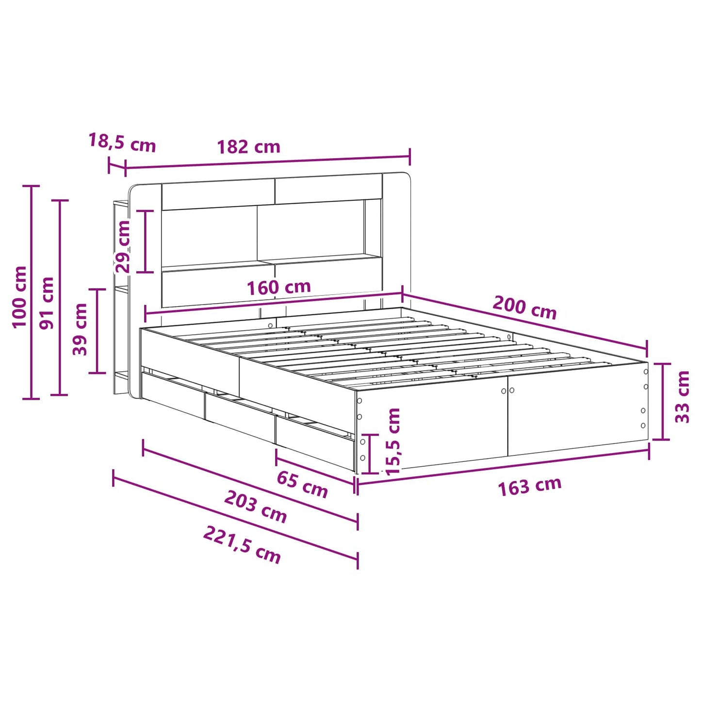 Bed Frame with Storage and Headboard Grey Sonoma 160 x 200 cm