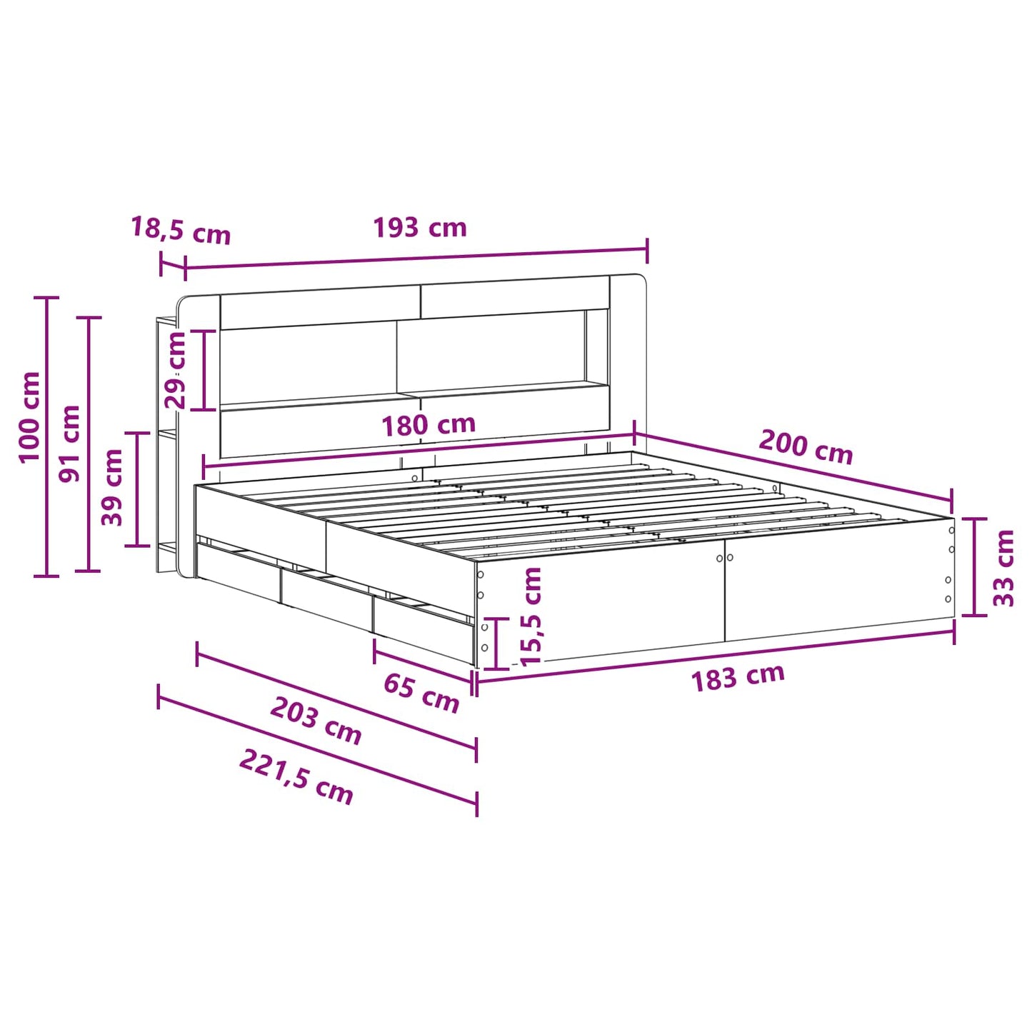 Bed Frame with Storage and Headboard Grey Sonoma 180 x 200 cm