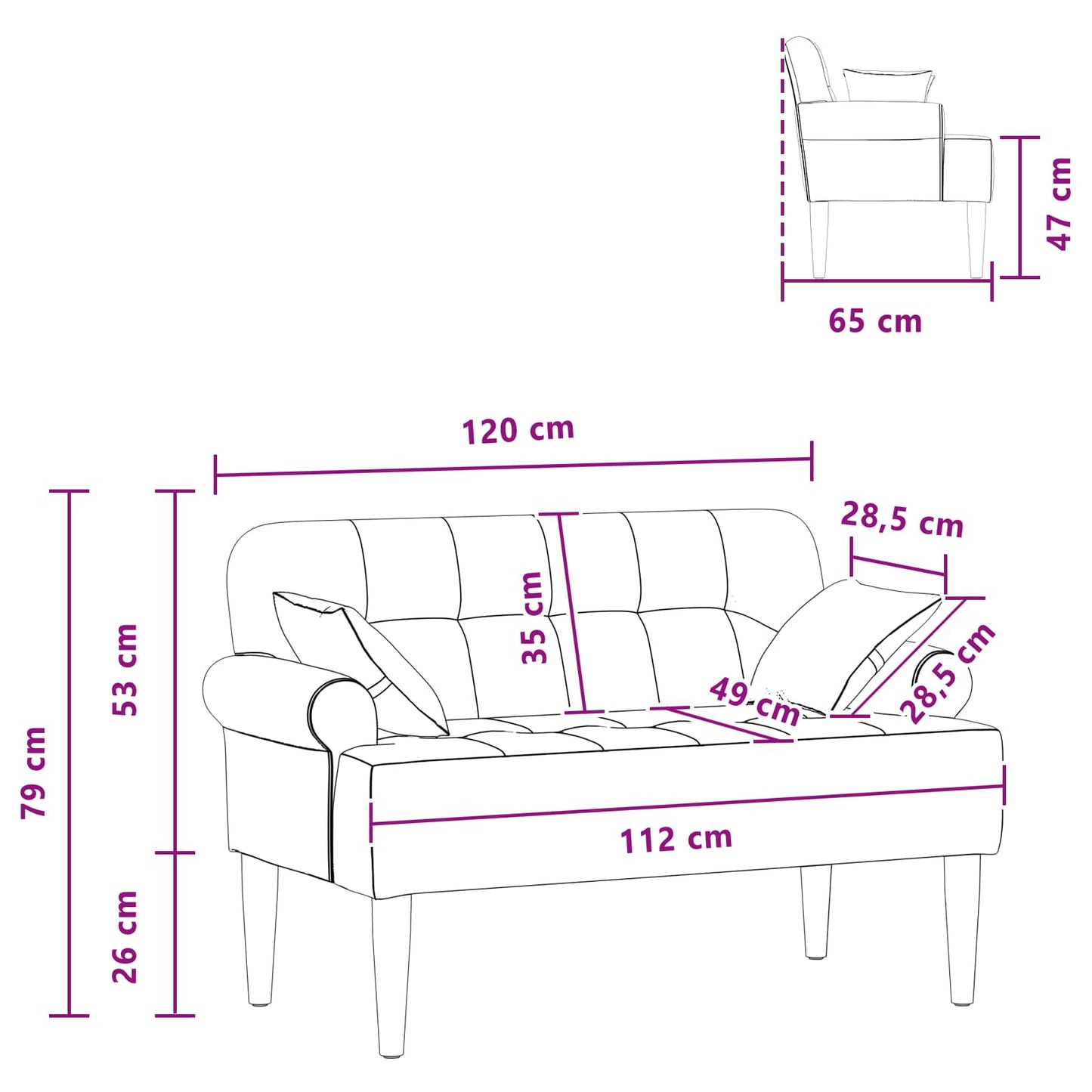 Loveseat with button tufted Black 47.24 x 25.59 x 31.10 in