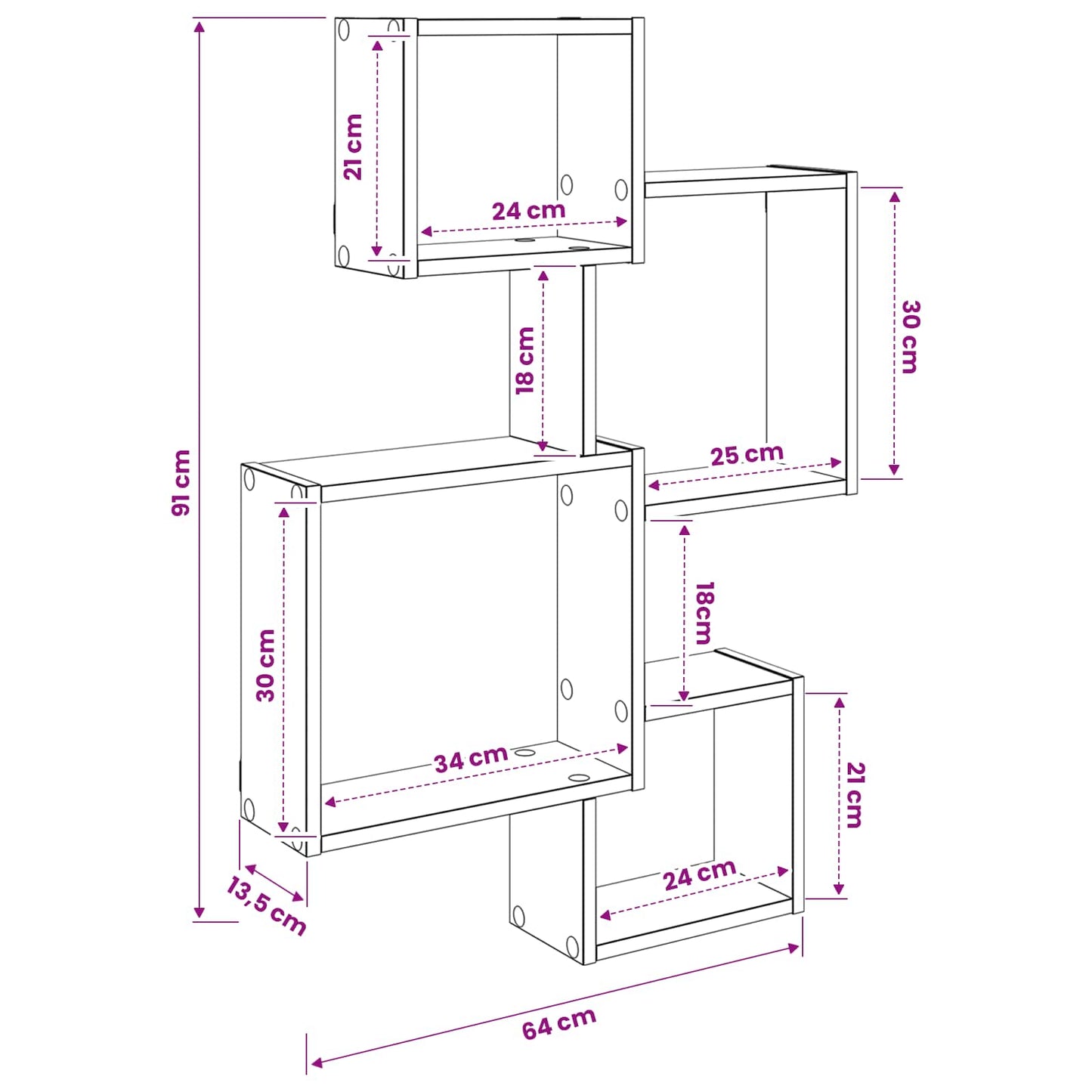 Wall Cube Shelves Wall-Mounted Artisan Oak 64 x 13.5 x 91.5 cm