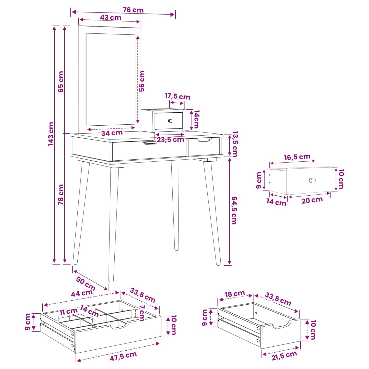 Dressing Table Set FAUSKE 3 pcs White 76 x 50 x 143 cm