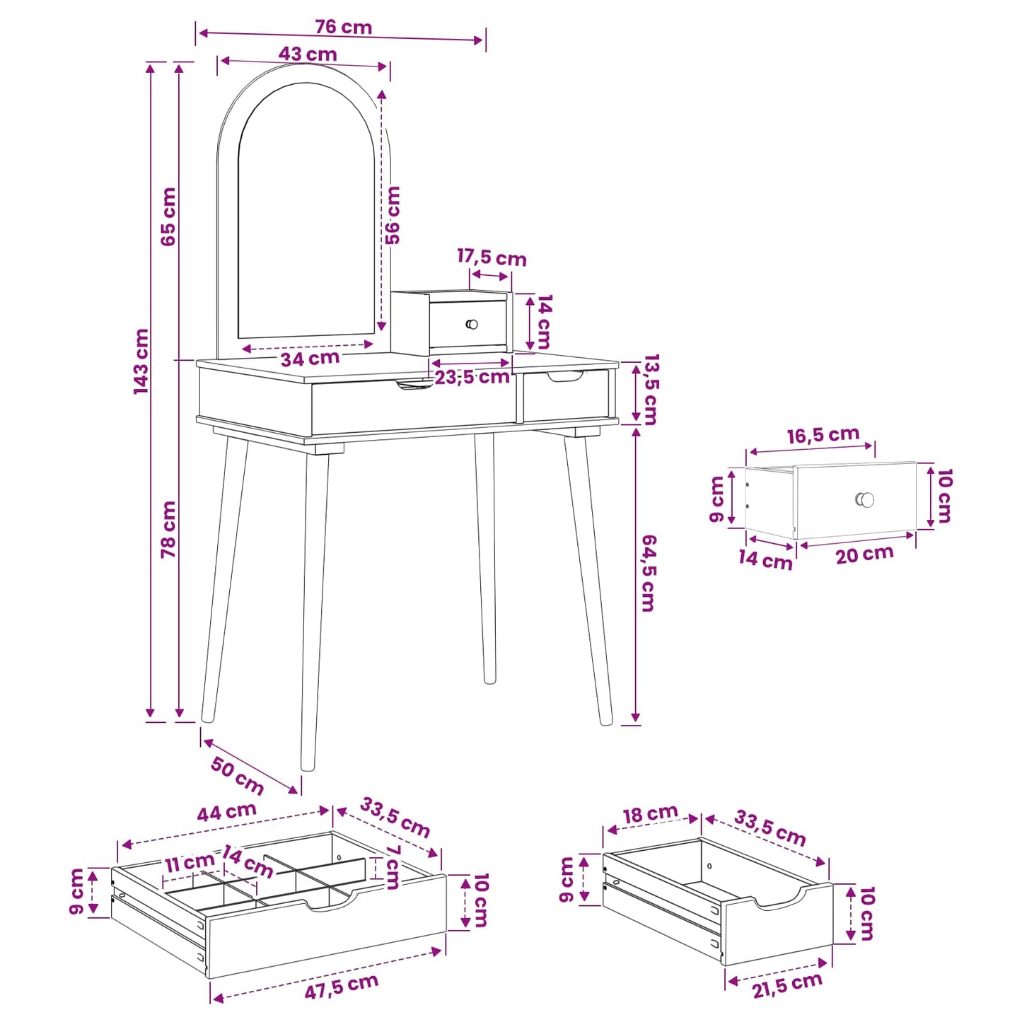 Dressing Table Set FAUSKE 3 pcs White 76 x 50 x 143 cm