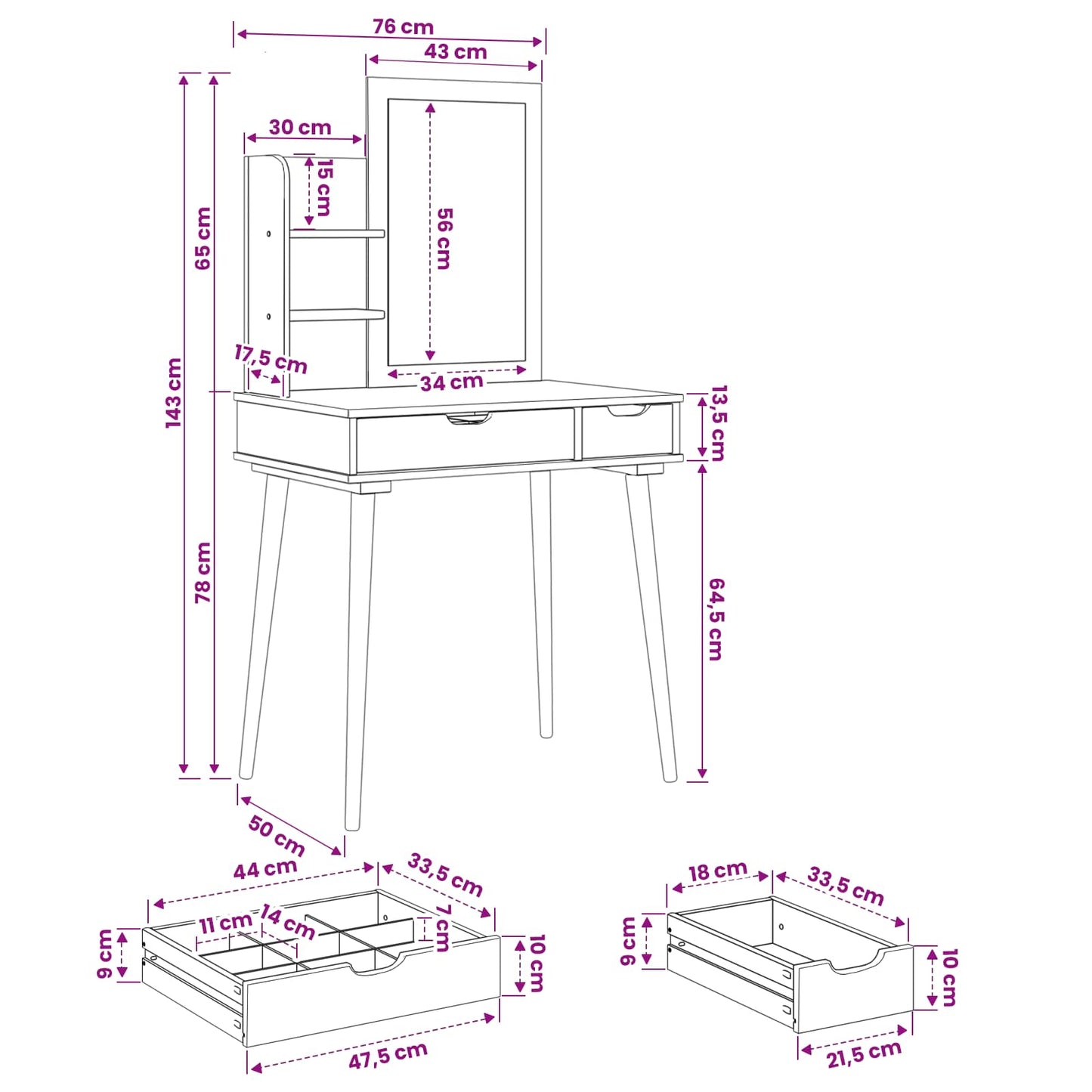Dressing Table Set FAUSKE 3 pcs White 76 x 50 x 143 cm