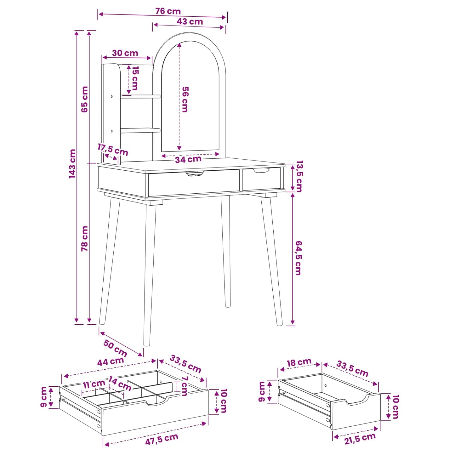 Dressing Table Set FAUSKE 3 pcs White 76 x 50 x 143 cm