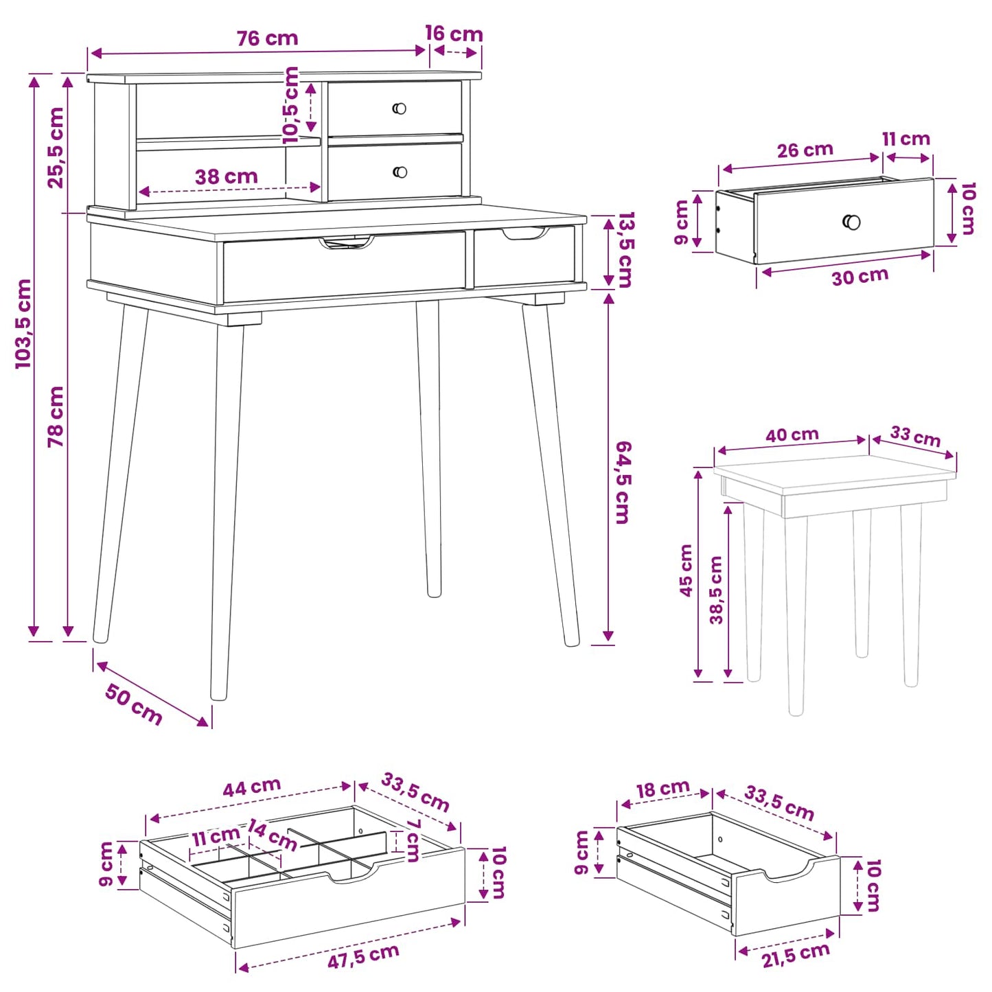 Dressing Table Set FAUSKE 3 pcs White 76 x 50 x 103.5 cm