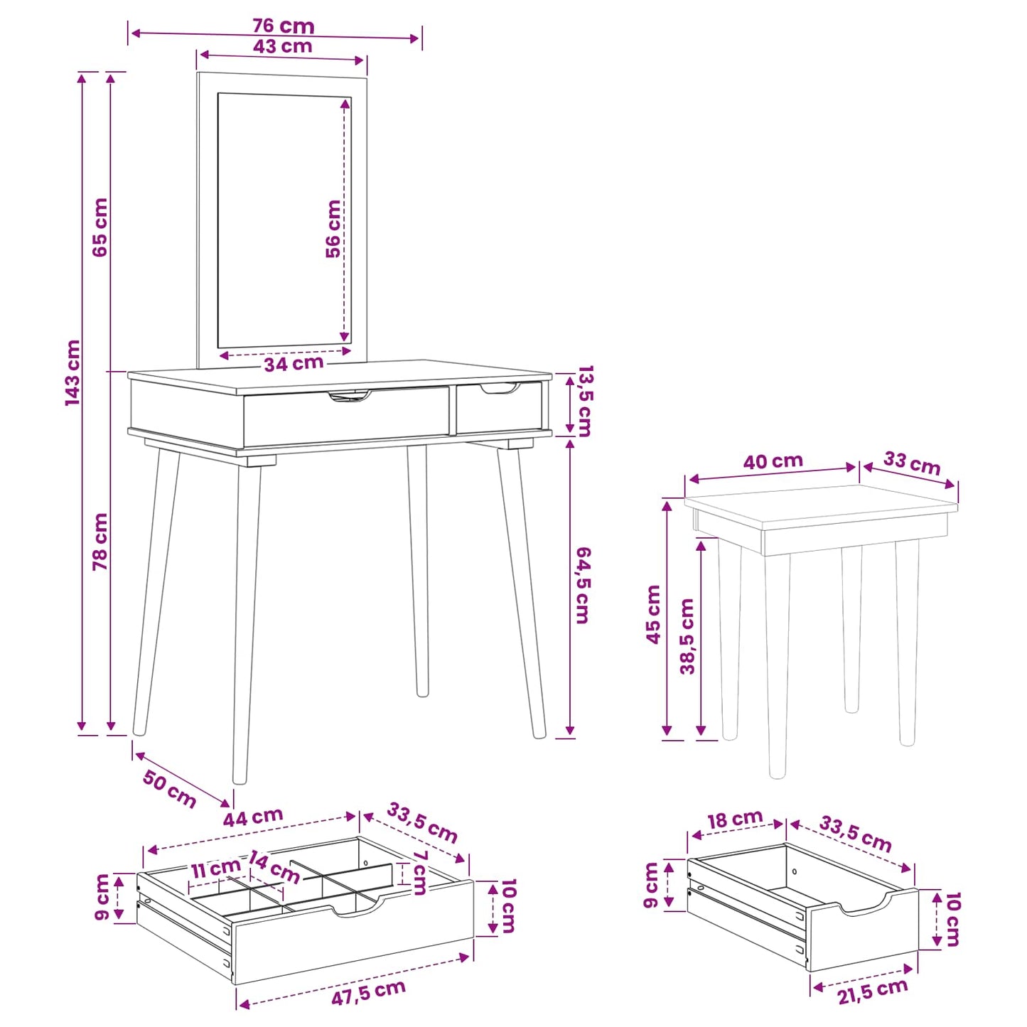 Dressing Table Set FAUSKE 3 pcs White 76 x 50 x 143 cm