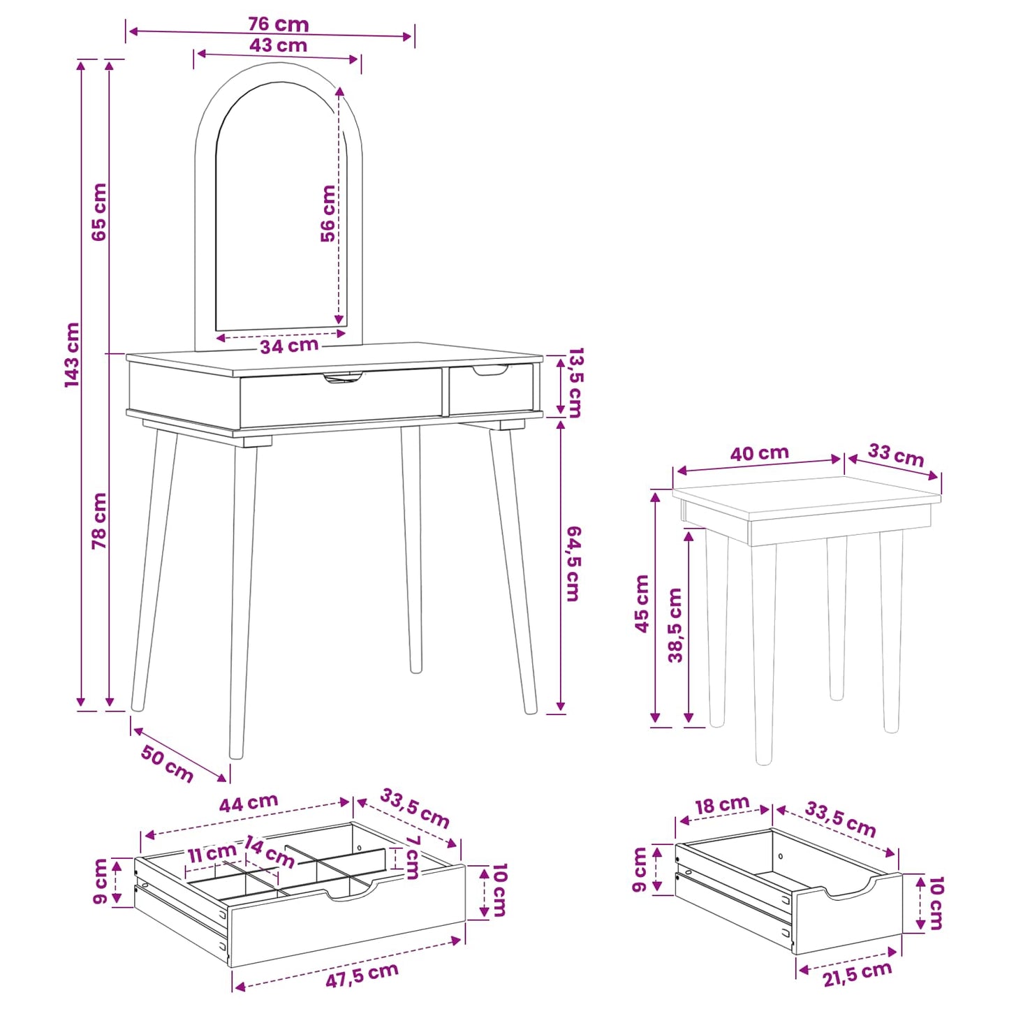 Dressing Table Set FAUSKE 3 pcs White 76 x 50 x 143 cm