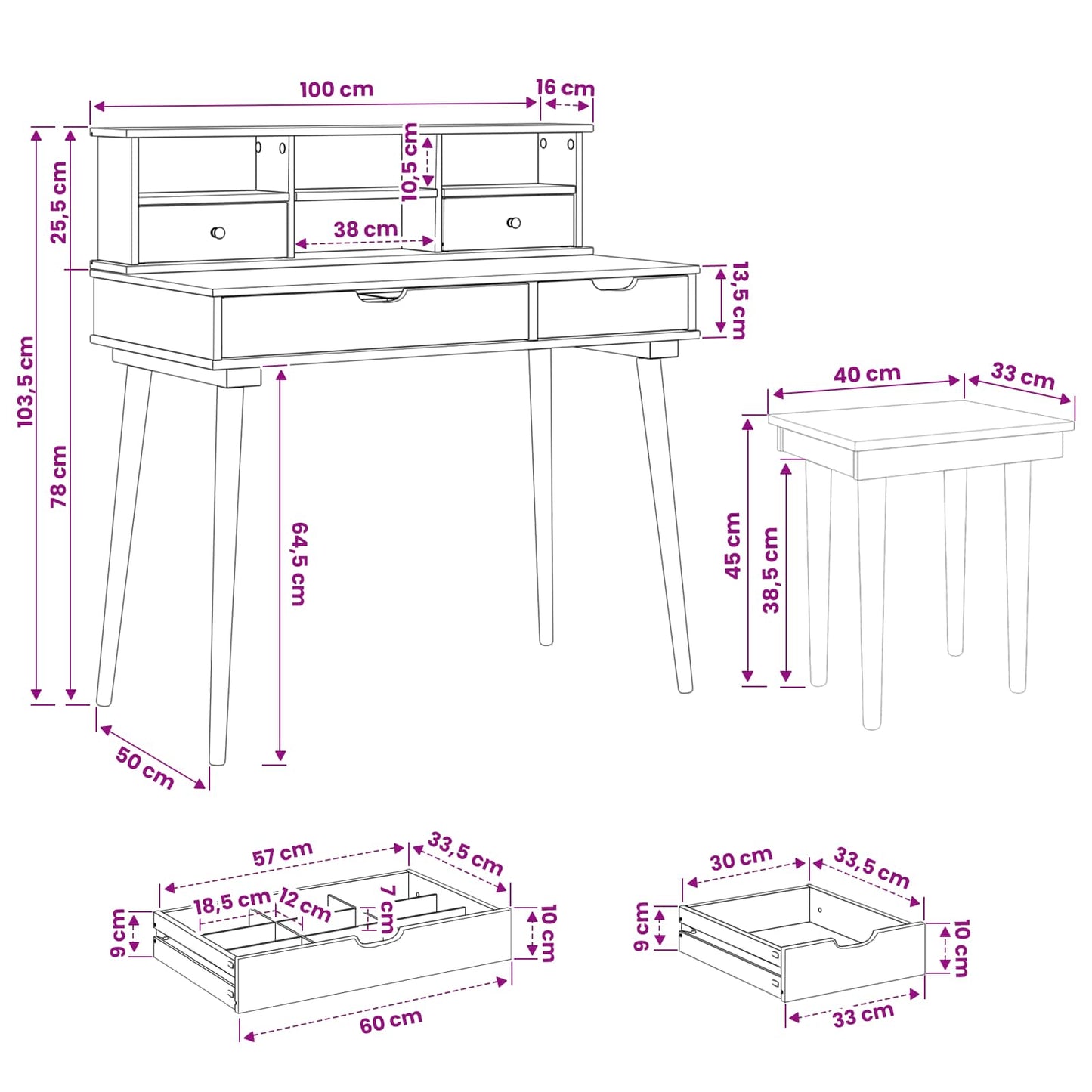 Dressing Table Set FAUSKE 3 pcs White 100 x 50 x 103.5 cm