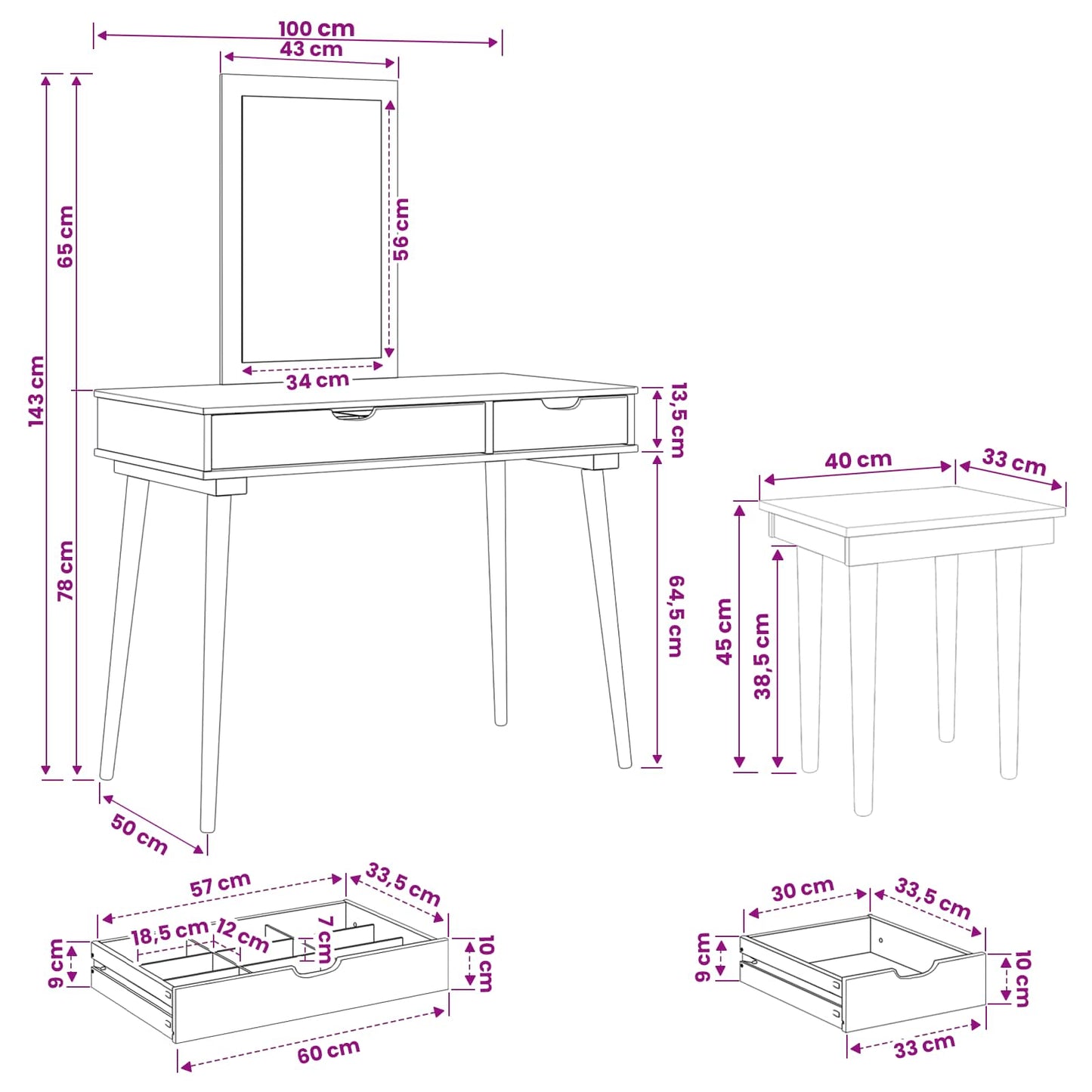 Dressing Table Set FAUSKE 3 pcs White 100 x 50 x 143 cm