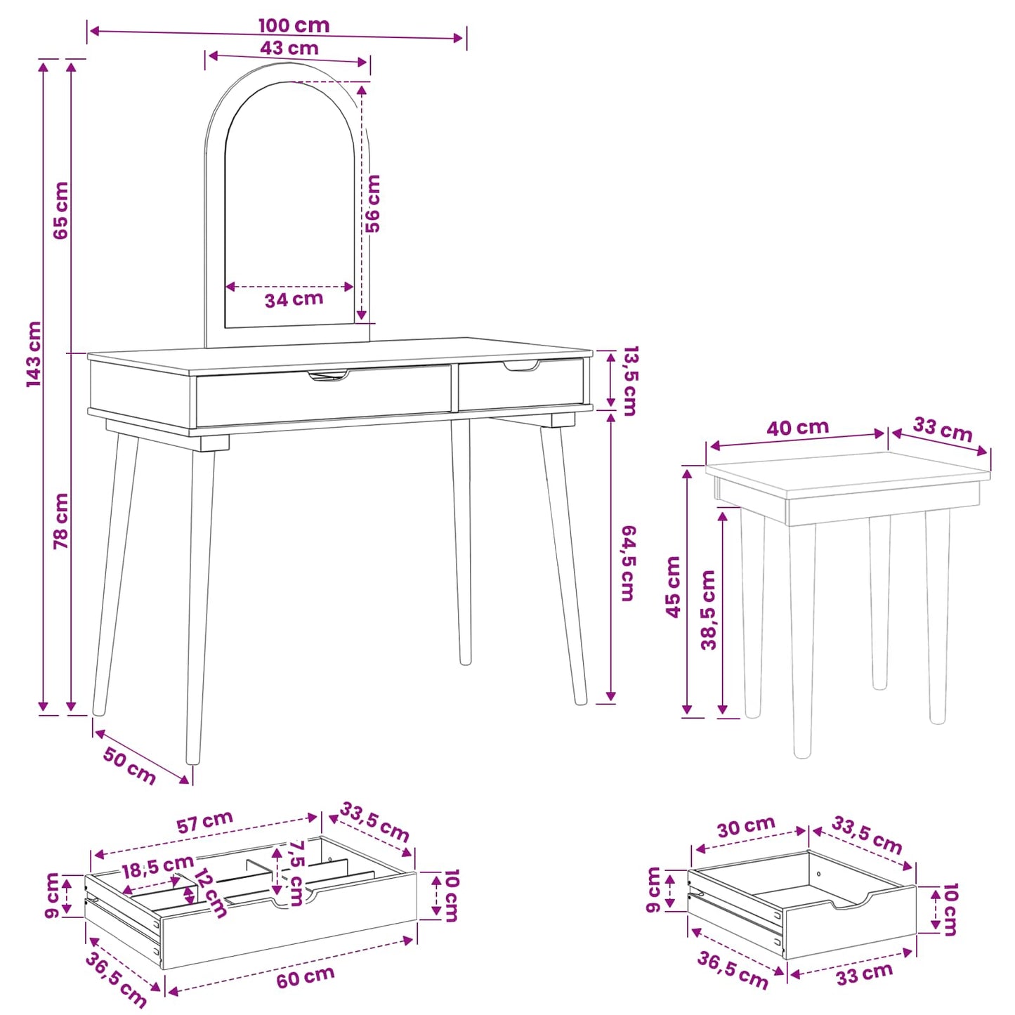 Dressing Table Set FAUSKE 3 pcs White 100 x 50 x 143 cm