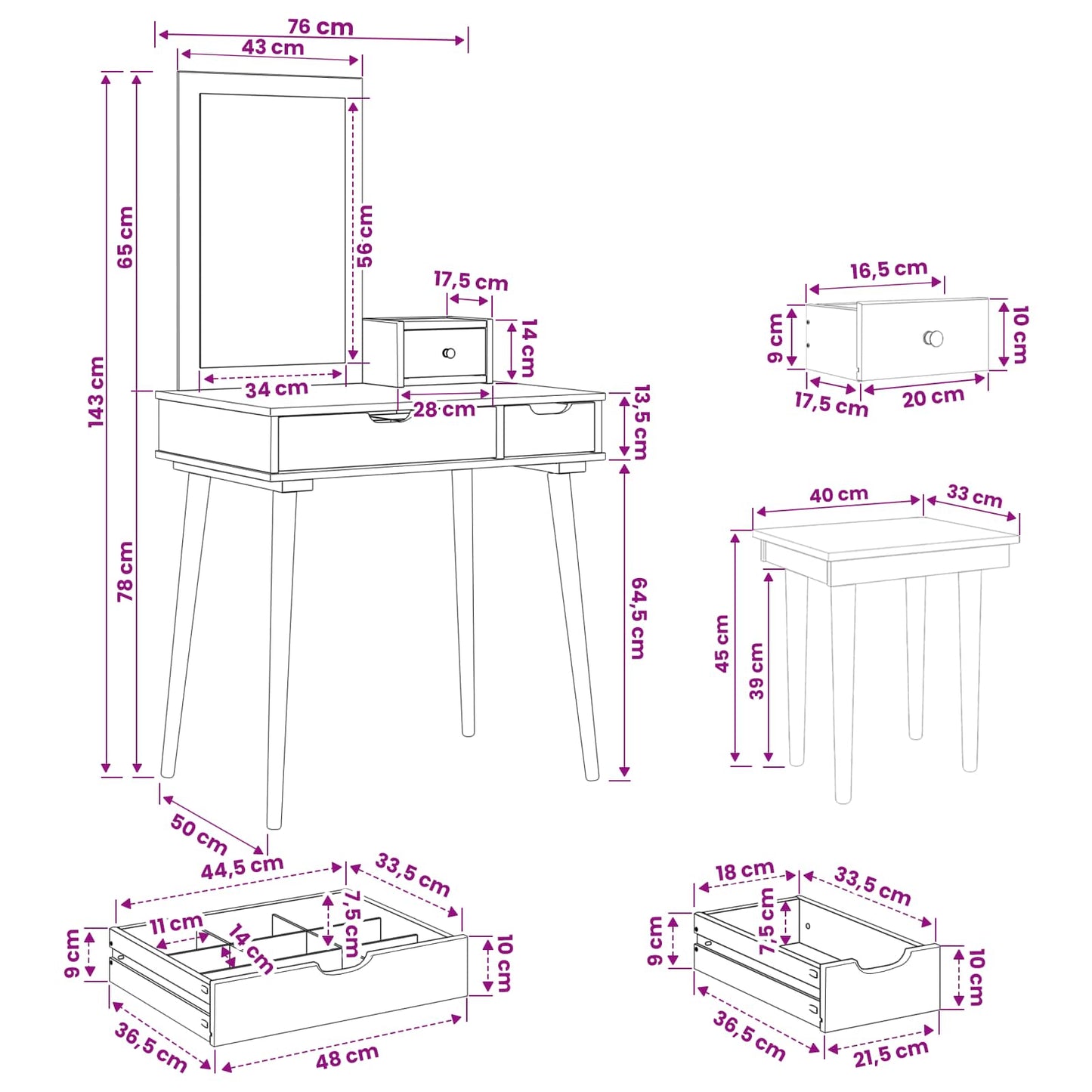 Dressing Table Set FAUSKE 4 pcs White 76 x 50 x 143 cm