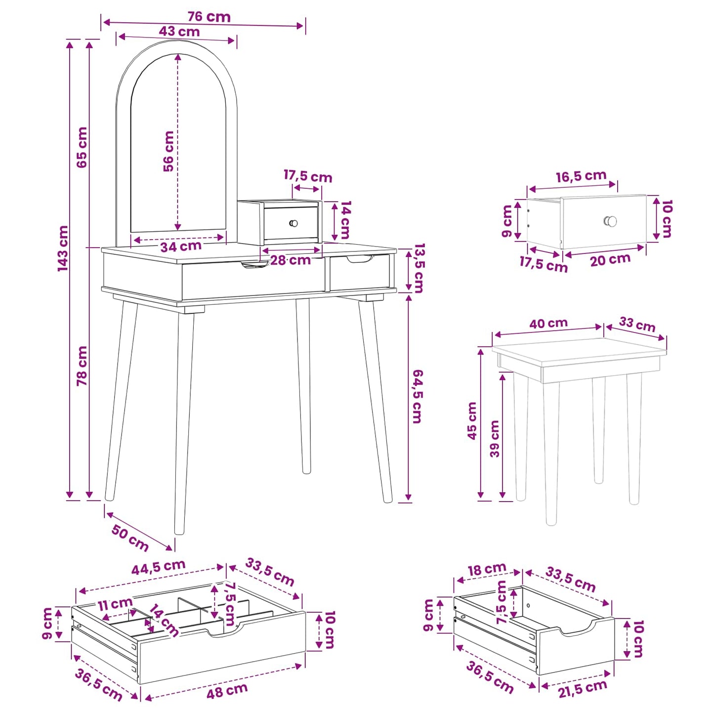 Dressing Table Set FAUSKE 4 pcs White 76 x 50 x 143 cm