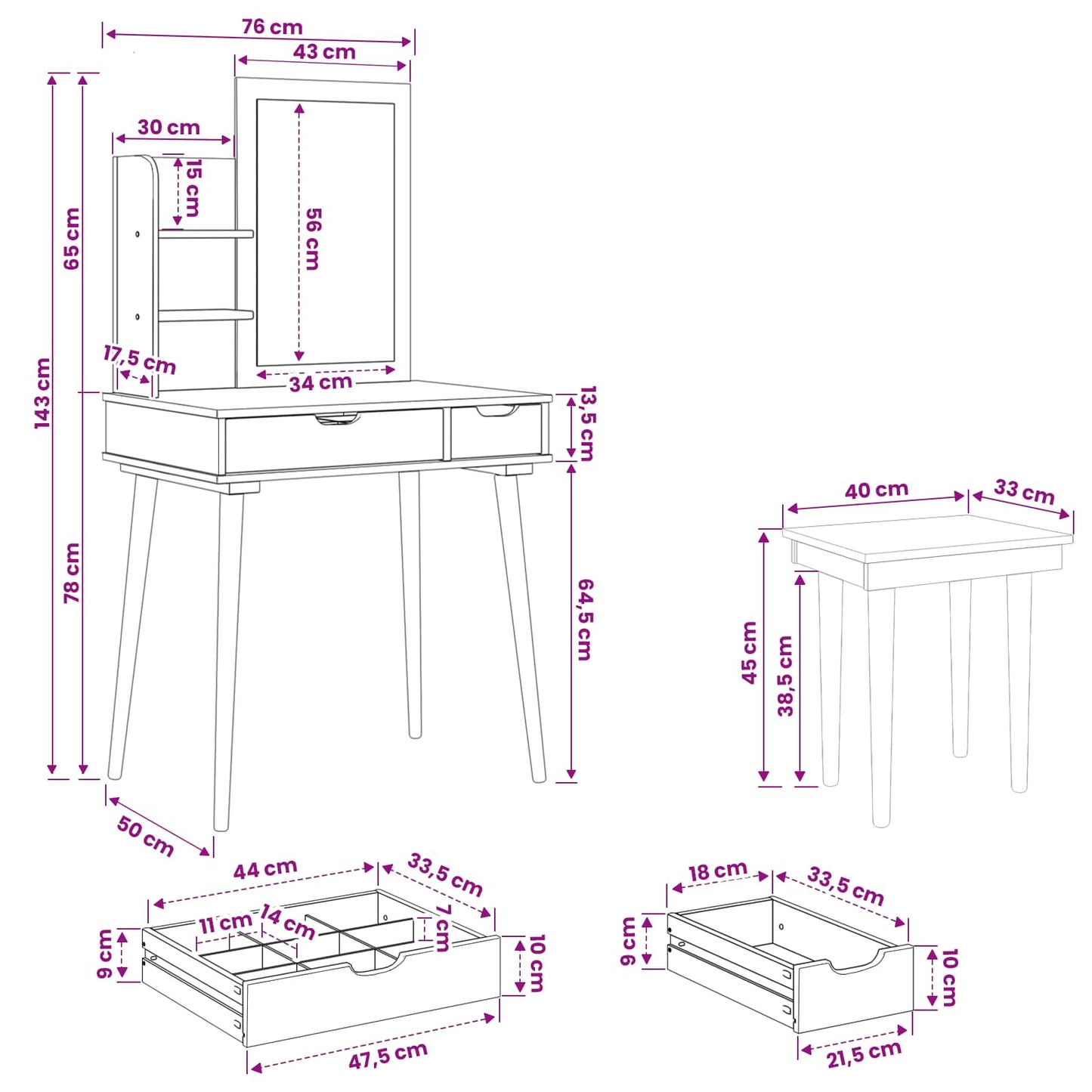 Dressing Table Set FAUSKE 4 pcs White 76 x 50 x 143 cm