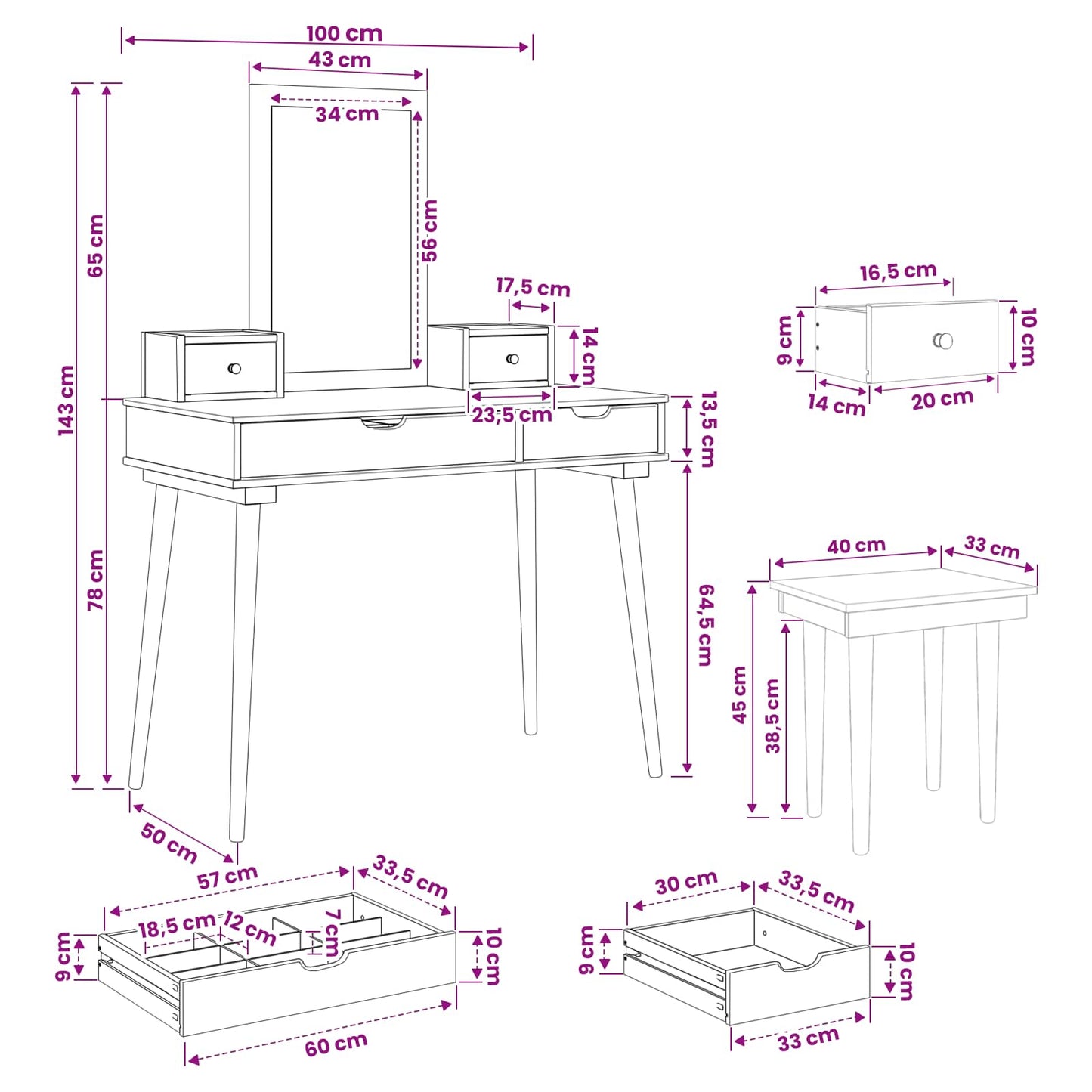 Dressing Table Set FAUSKE 5 pcs White 100 x 50 x 143 cm