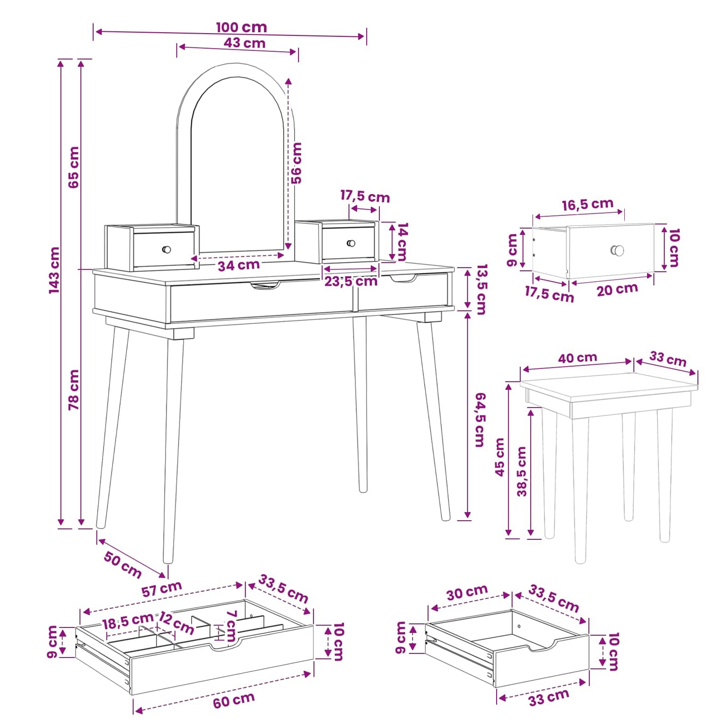 Dressing Table Set FAUSKE 5 pcs White 100 x 50 x 143 cm