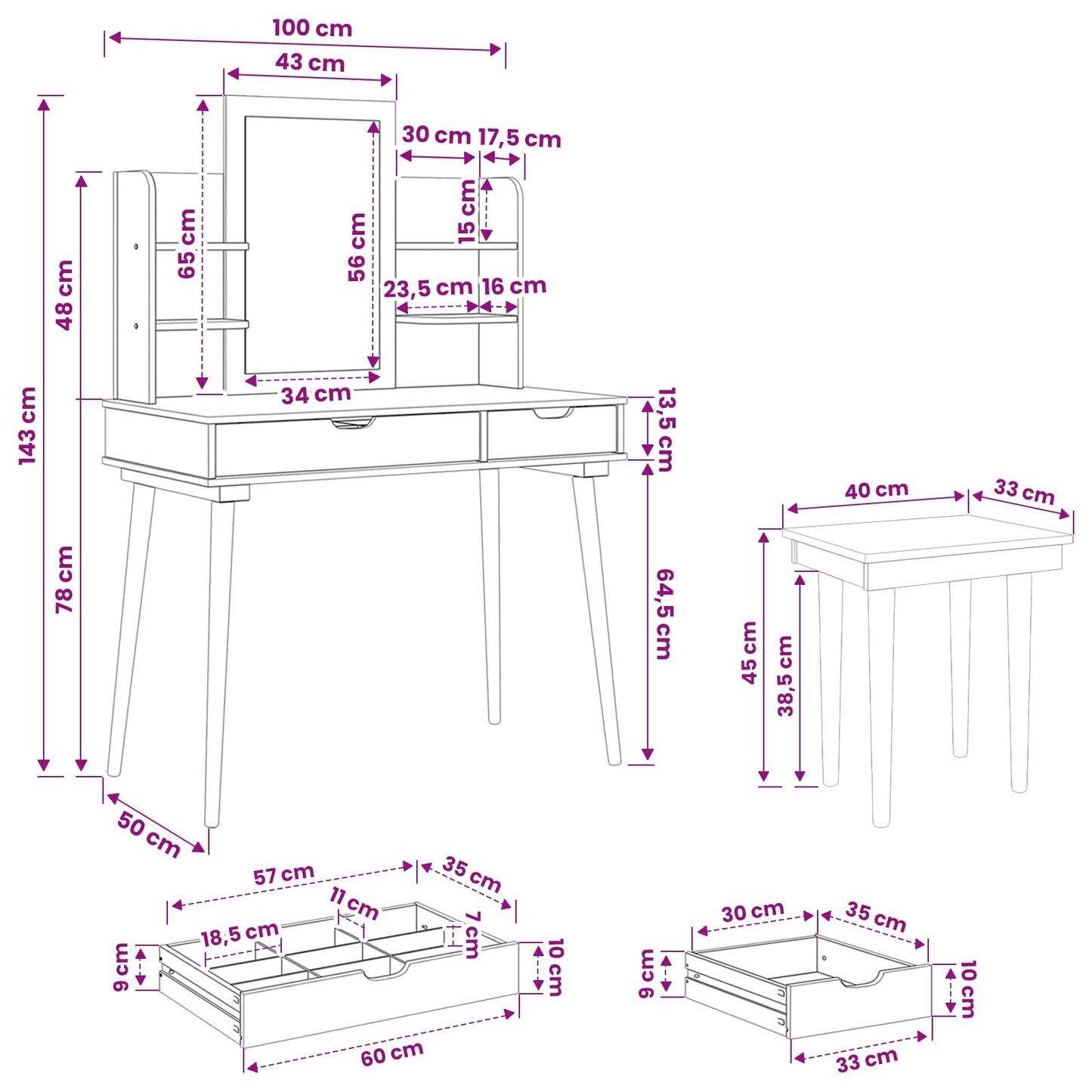 Dressing Table Set FAUSKE 5 pcs White 100 x 50 x 143 cm