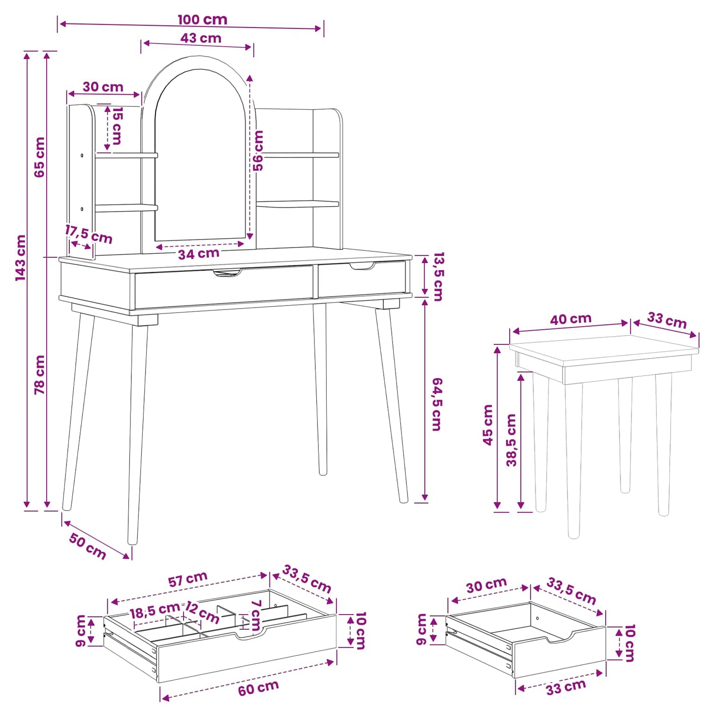 Dressing Table Set FAUSKE 5 pcs White 100 x 50 x 143 cm