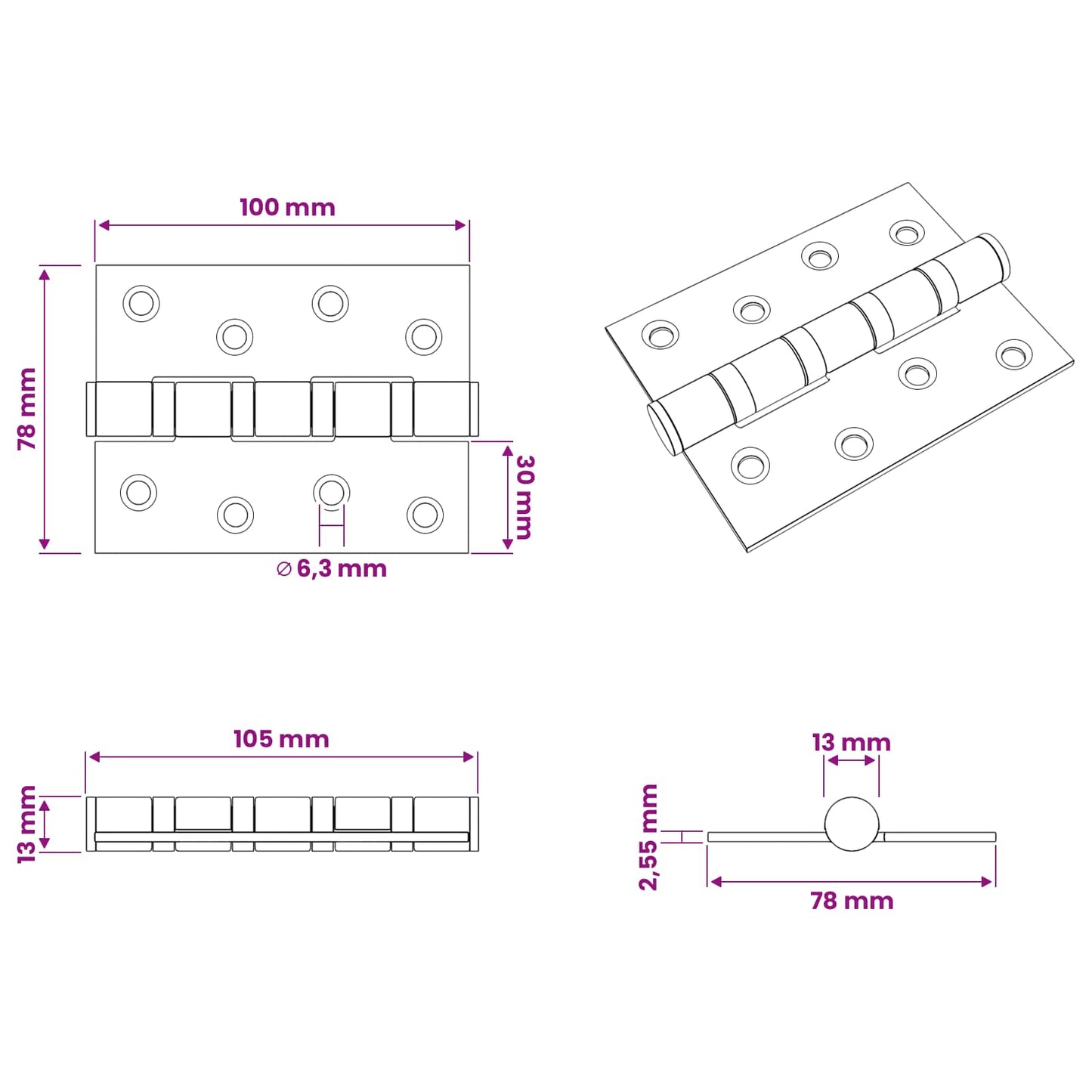 Hinge 4 pcs 100 x 78 x 13 mm Silver Steel