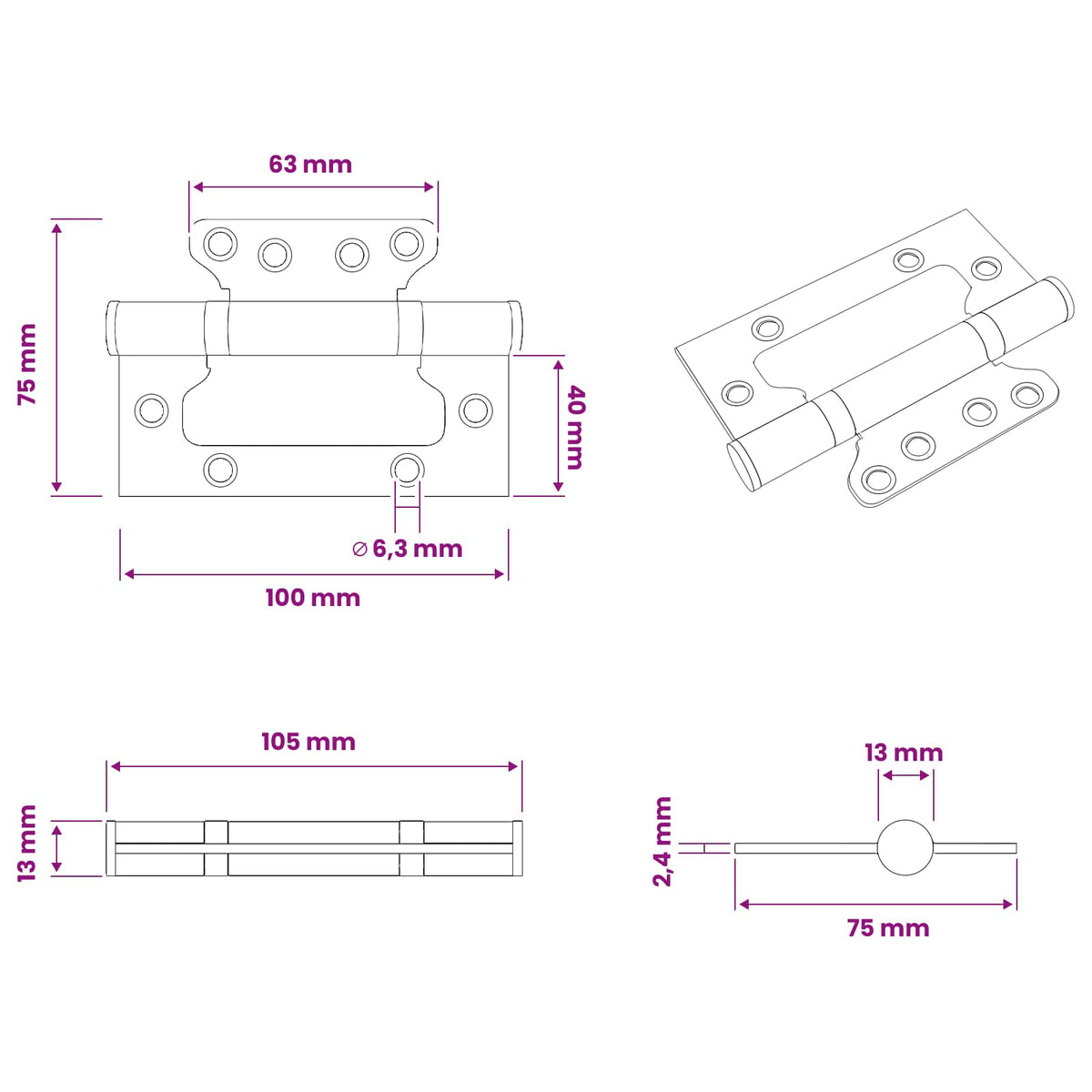 Hinge 4 pcs 100 x 75 x 13 mm Silver Steel
