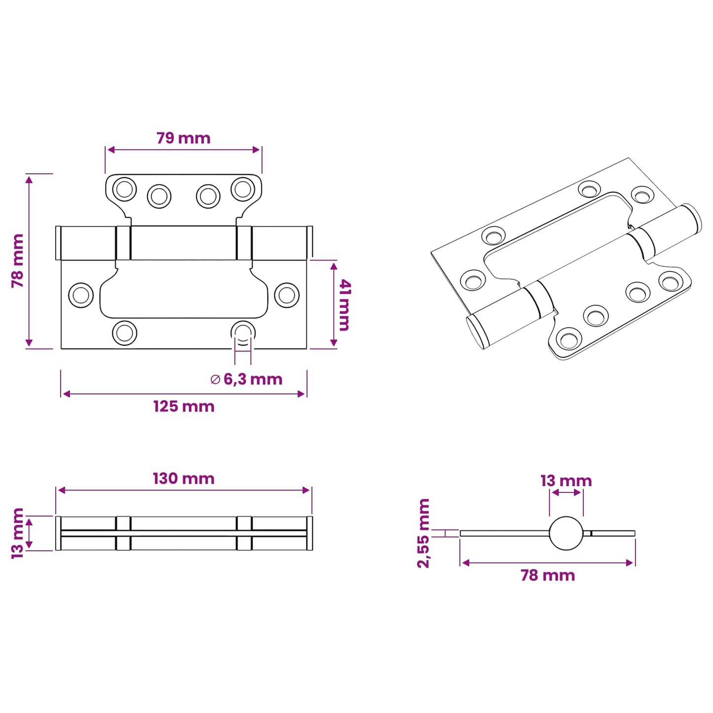 Hinge 4 pcs 125 x 78 x 13 mm Silver Steel