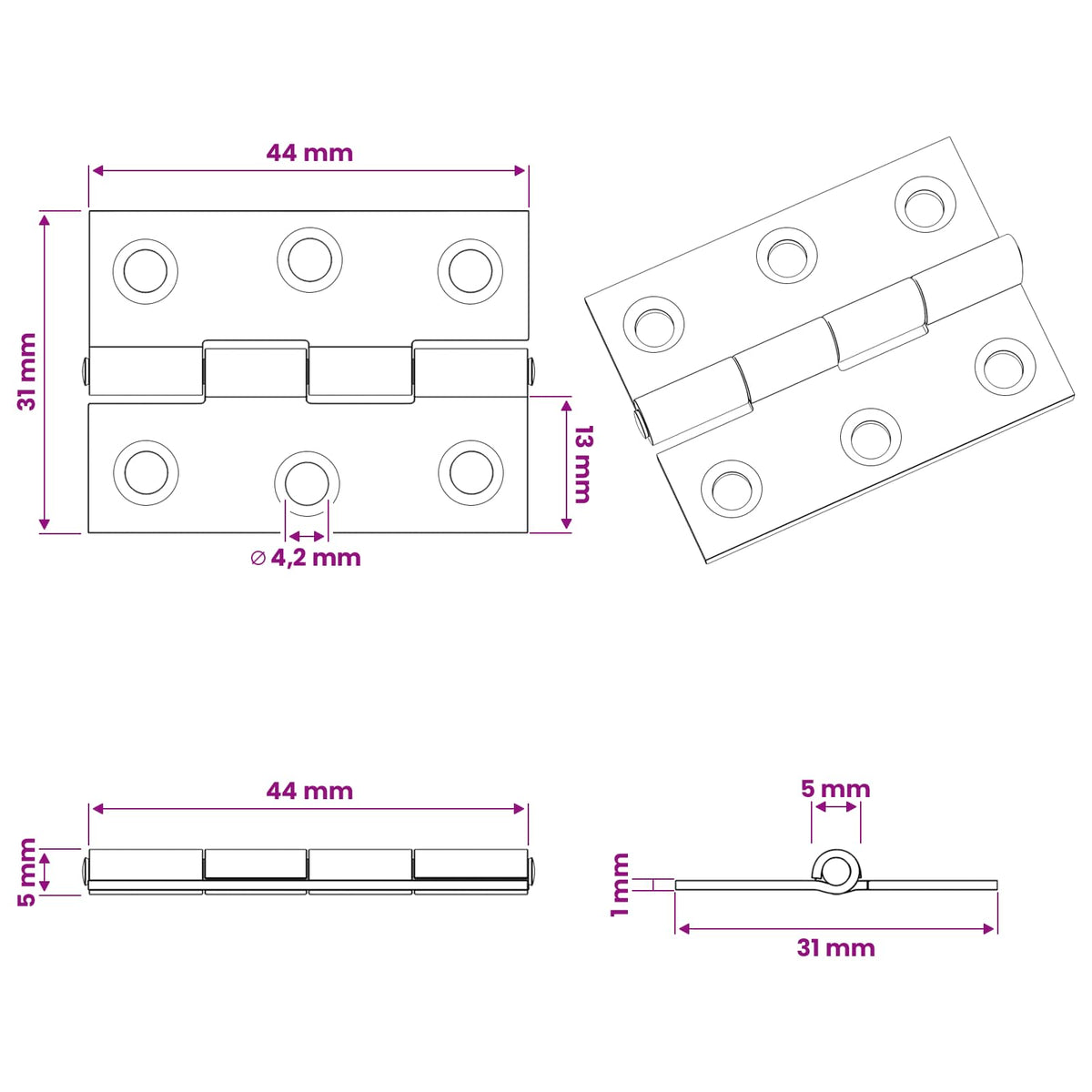 Hinge 12 pcs 44 x 31 x 5 mm Silver Steel