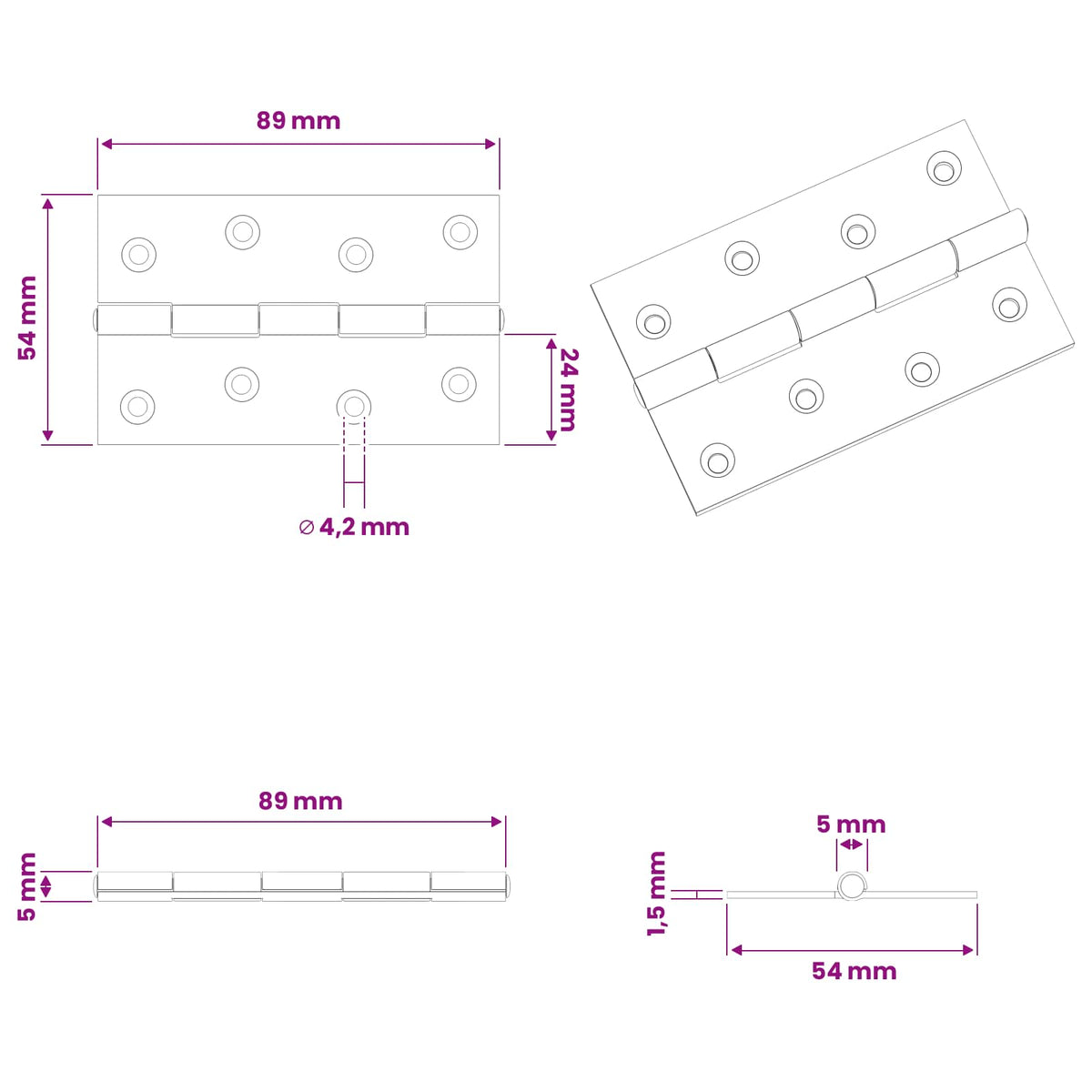 Hinge 24 pcs 89 x 54 x 5 mm Silver Steel