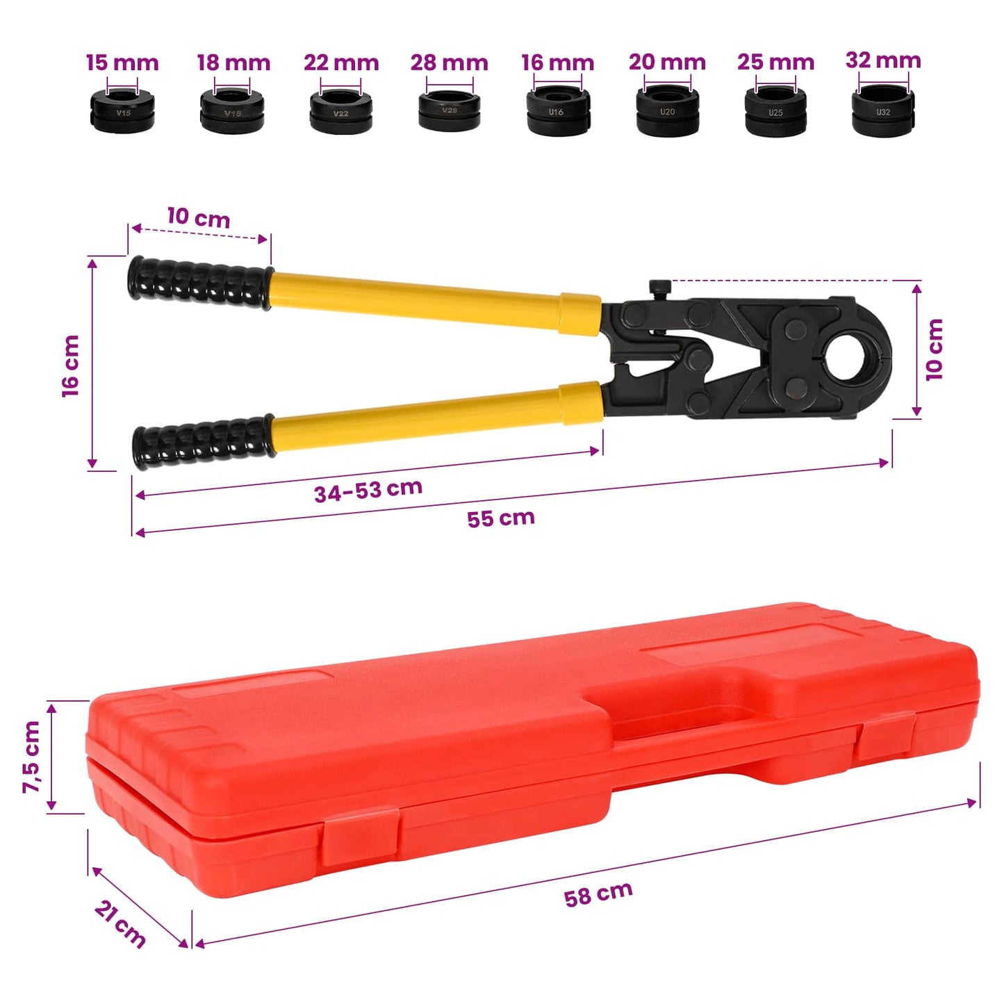 Hydraulic Pipe Crimping Tool 30 kN U16-32 mm V15-28 mm Steel