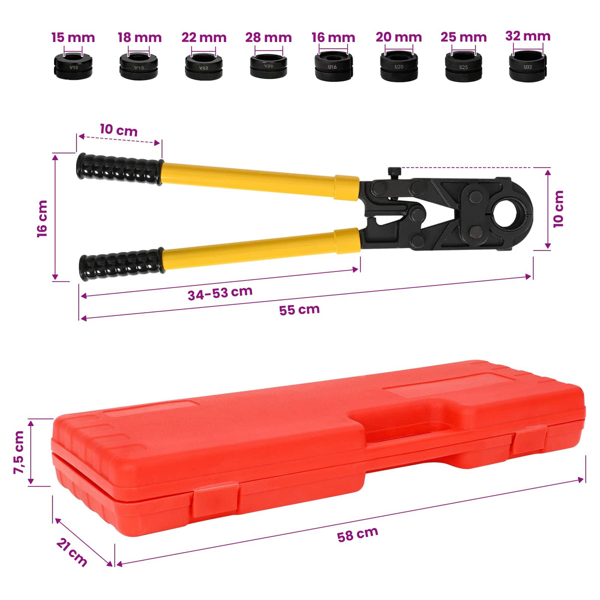 Hydraulic Pipe Crimping Tool 30 kN U16-32 mm V15-28 mm Steel