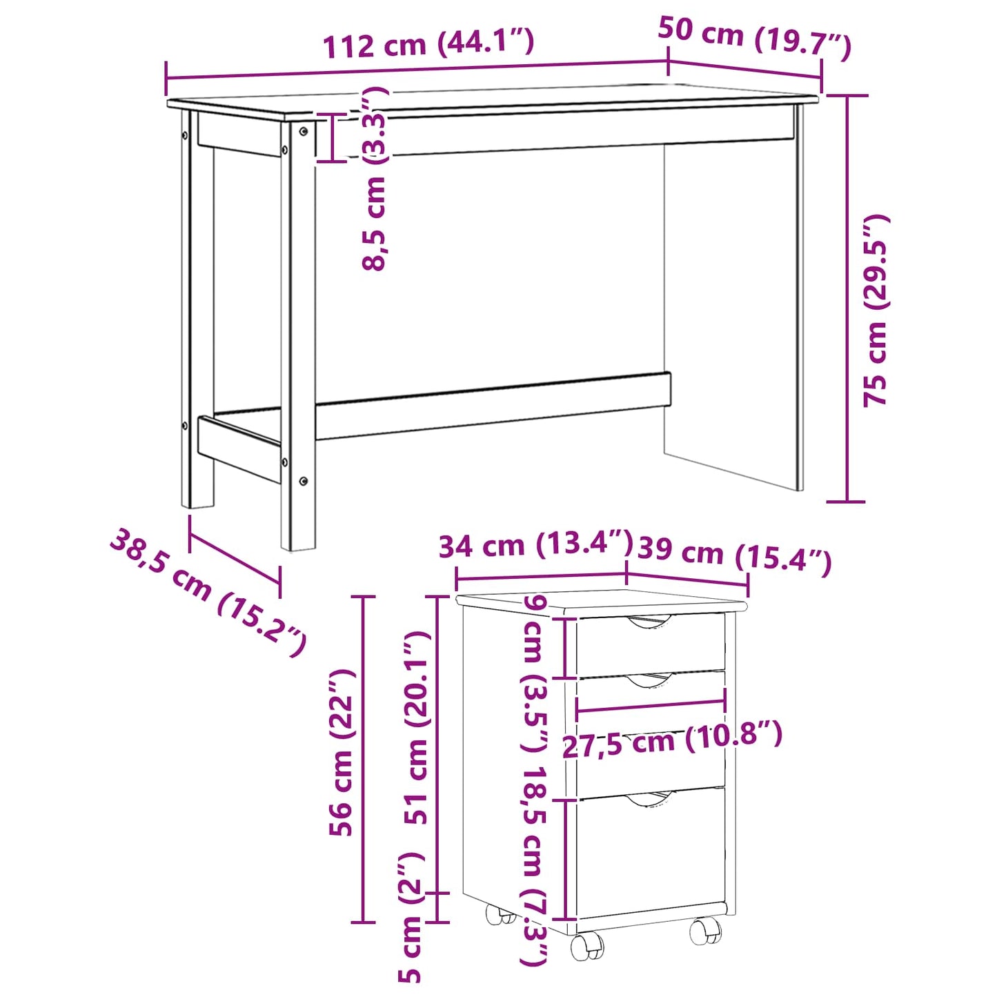 Desk Cabinet Set 2 pcs Grey Solid Pine Wood