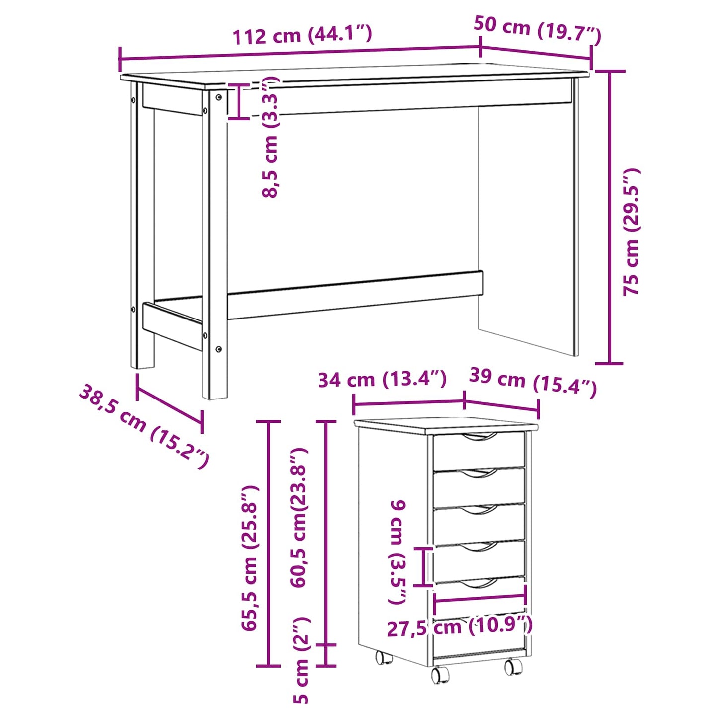 Desk and Rolling Cabinet Set MOSS 2 pcs Black
