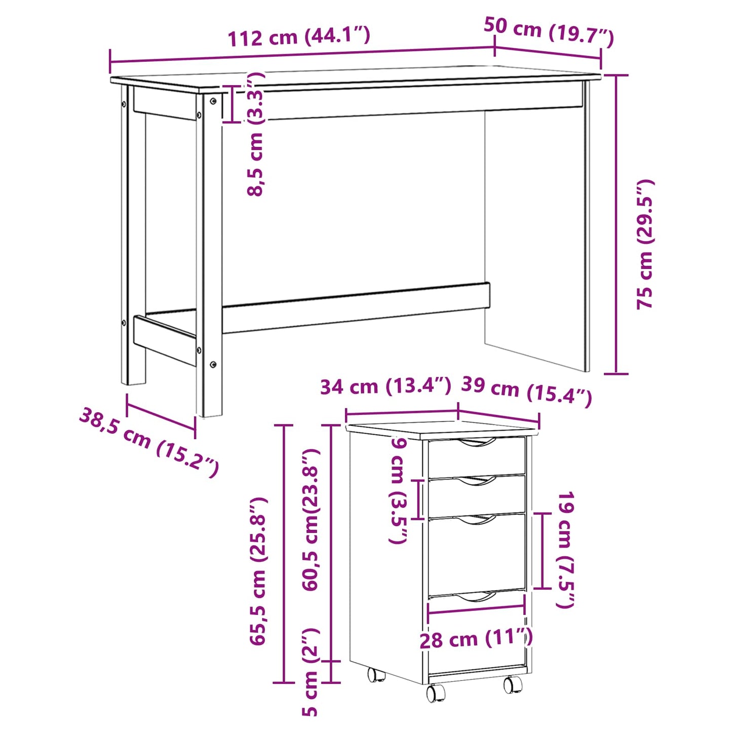 Desk and Rolling Cabinet Set MOSS 2 pcs Brown