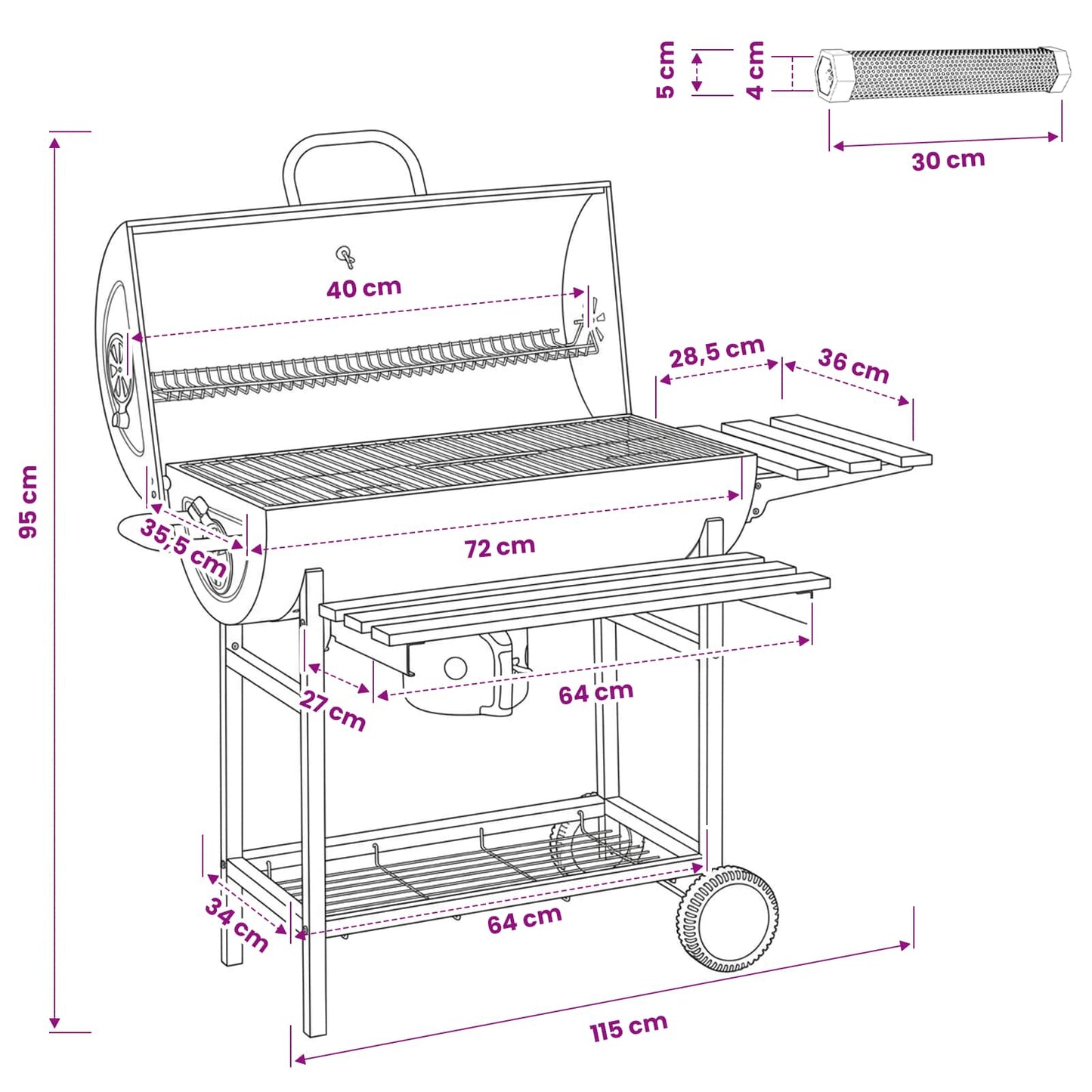 Barrel Grill with Wheels and Shelves 3 pcs 115 x 85 x 95 cm