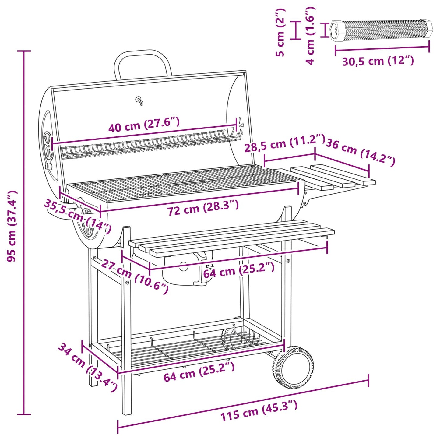 Barrel Grill with Wheels and Shelves 3 pcs 115 x 85 x 95 cm