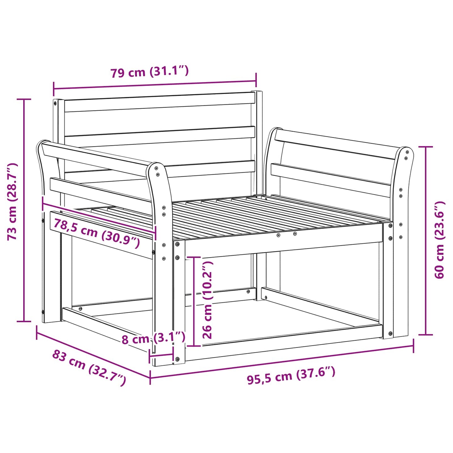 Outdoor Middle Sofa Solid Acacia Wood White