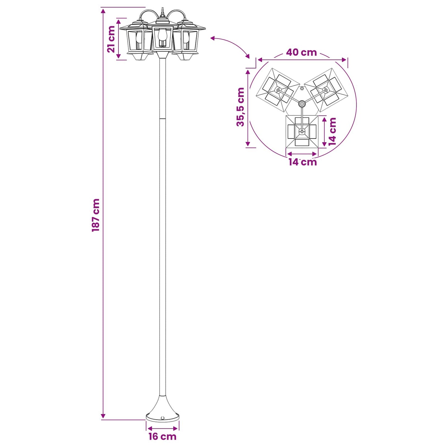 3-Head Lamp Post Black 16 x 16 x 187 cm Aluminum and ABS