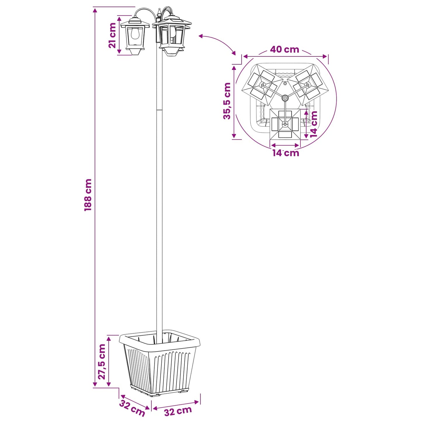 3-Head Lamp Post with Planter Black 32 x 32 x 188 cm