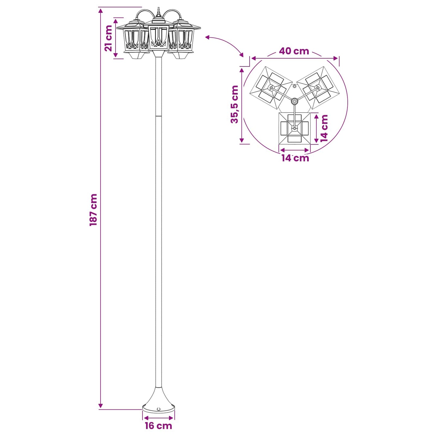 3-Head Lamp Post Black 16 x 16 x 187 cm Aluminum and ABS