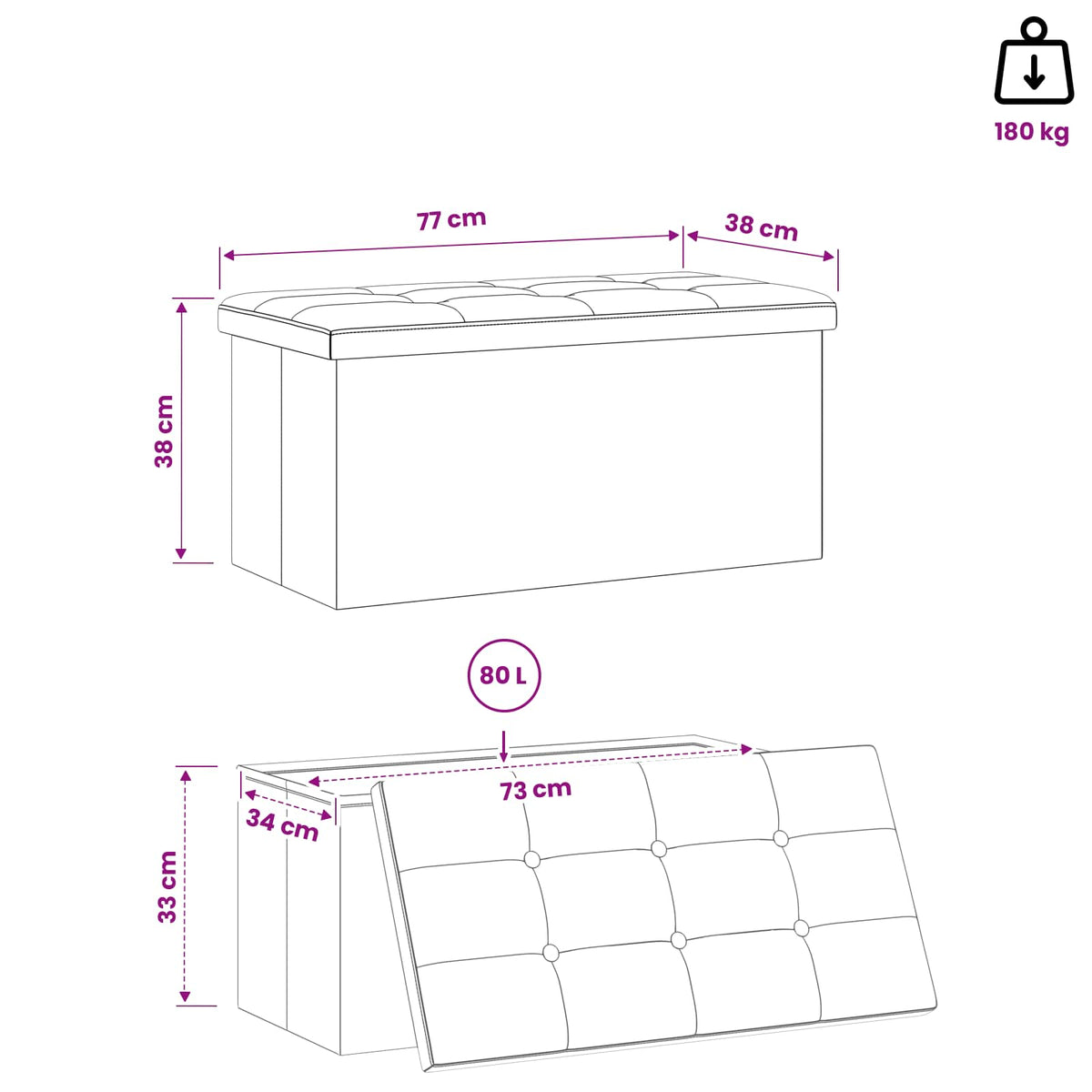 Foldable Storage Bench Light Grey 180 kg 80 L 77 x 38 x 38 cm