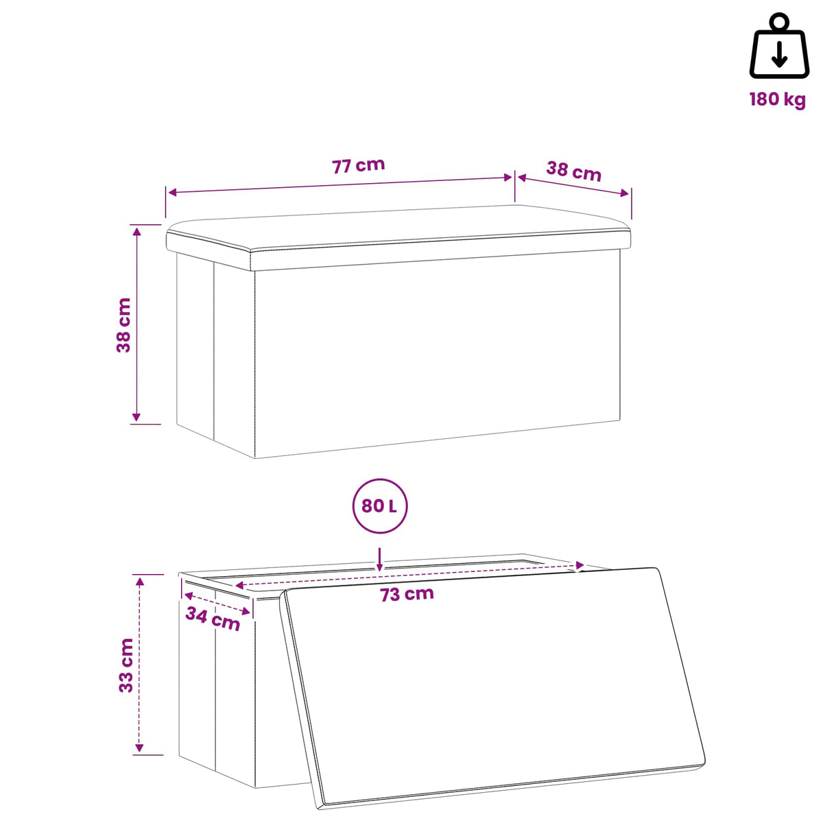 Foldable Storage Bench Brown 180 kg 80 L 77 x 38 x 38 cm PVC